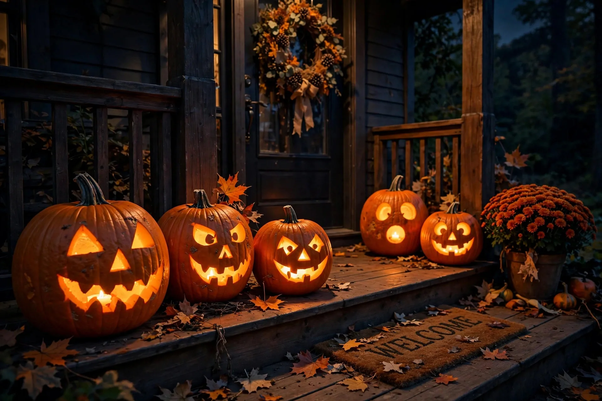 Calabazas talladas iluminadas en un porche en la noche de Halloween