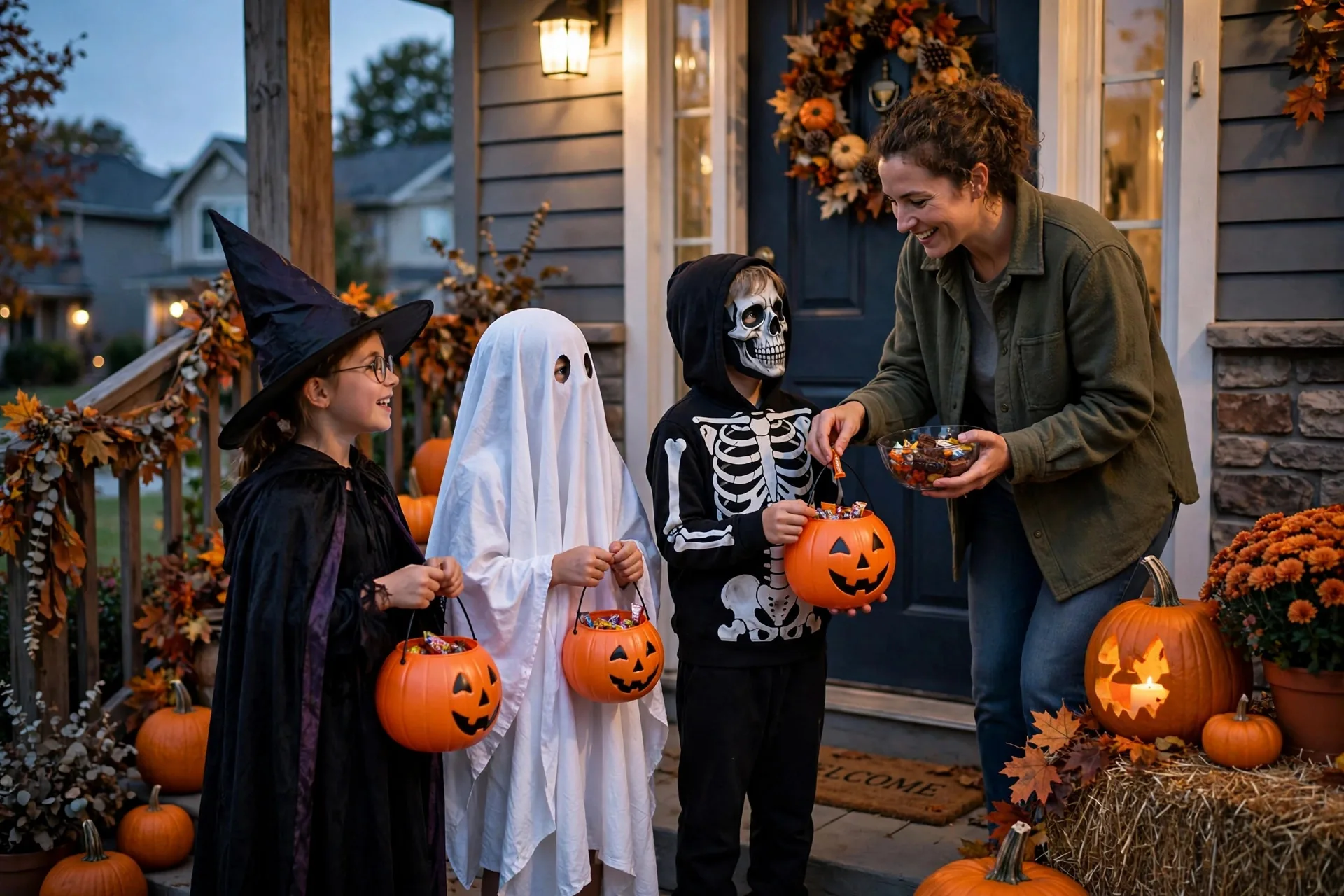 Niños con disfraces de Halloween pidiendo dulces en la puerta de una casa