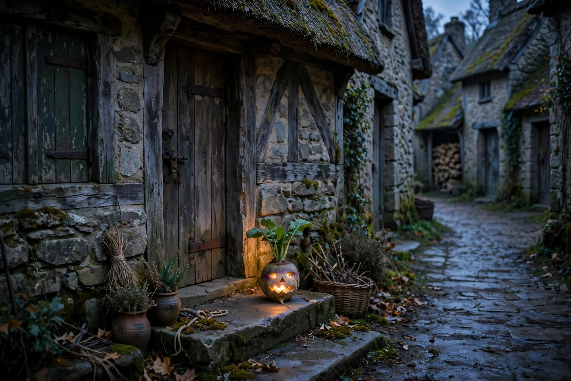 Linterna tallada en un nabo sobre la puerta de una cabaña medieval