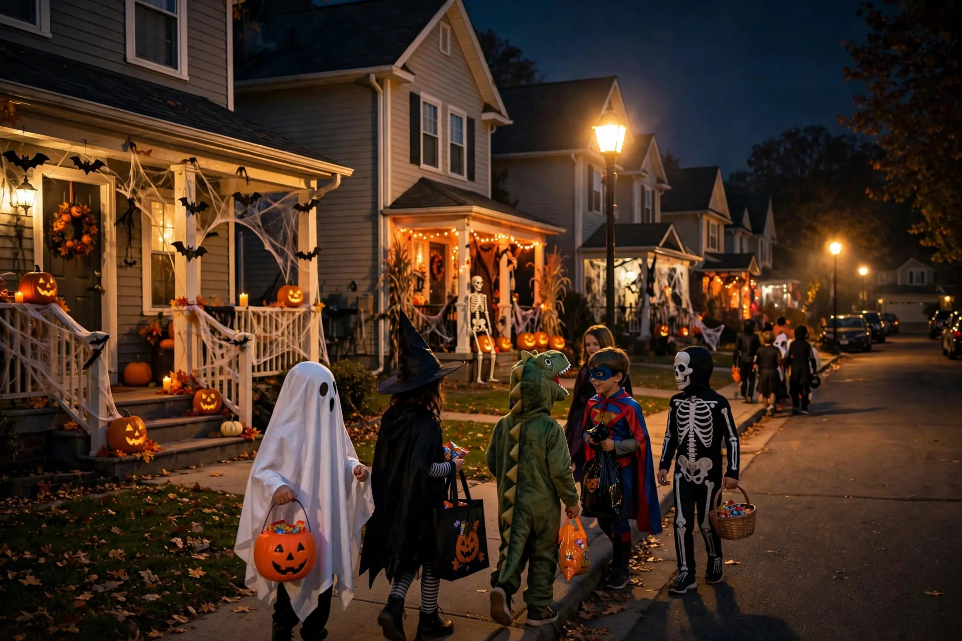 Calle suburbana decorada en la noche de Halloween con niños disfrazados