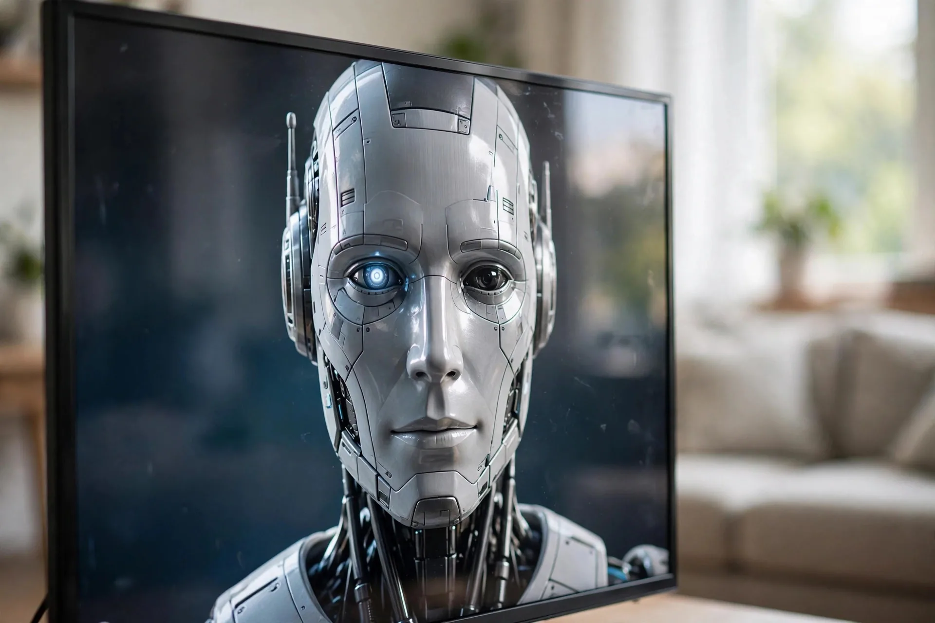 Rostro de un androide en la pantalla de un televisor moderno