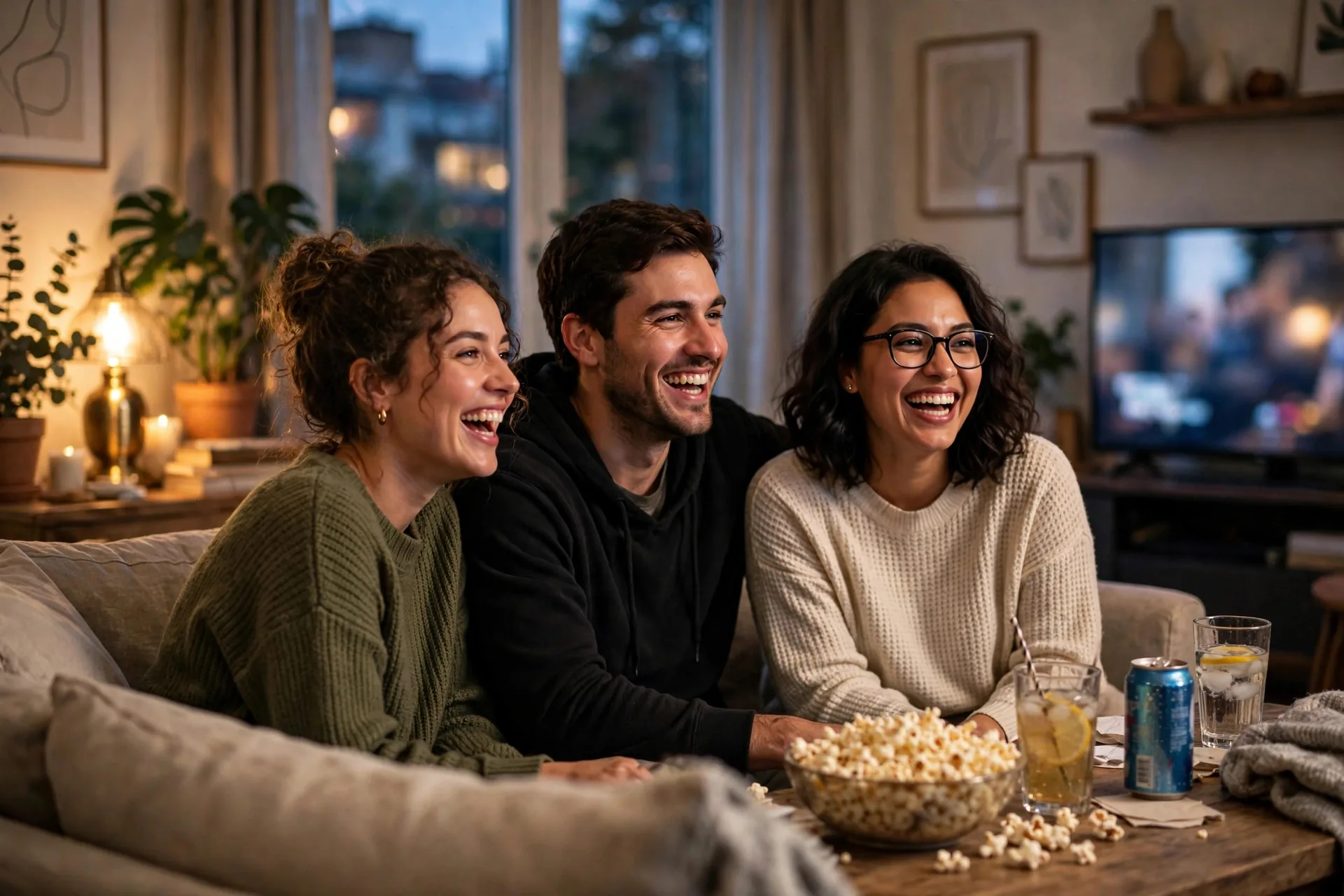 Tres amigos viendo la televisión juntos con palomitas y bebidas