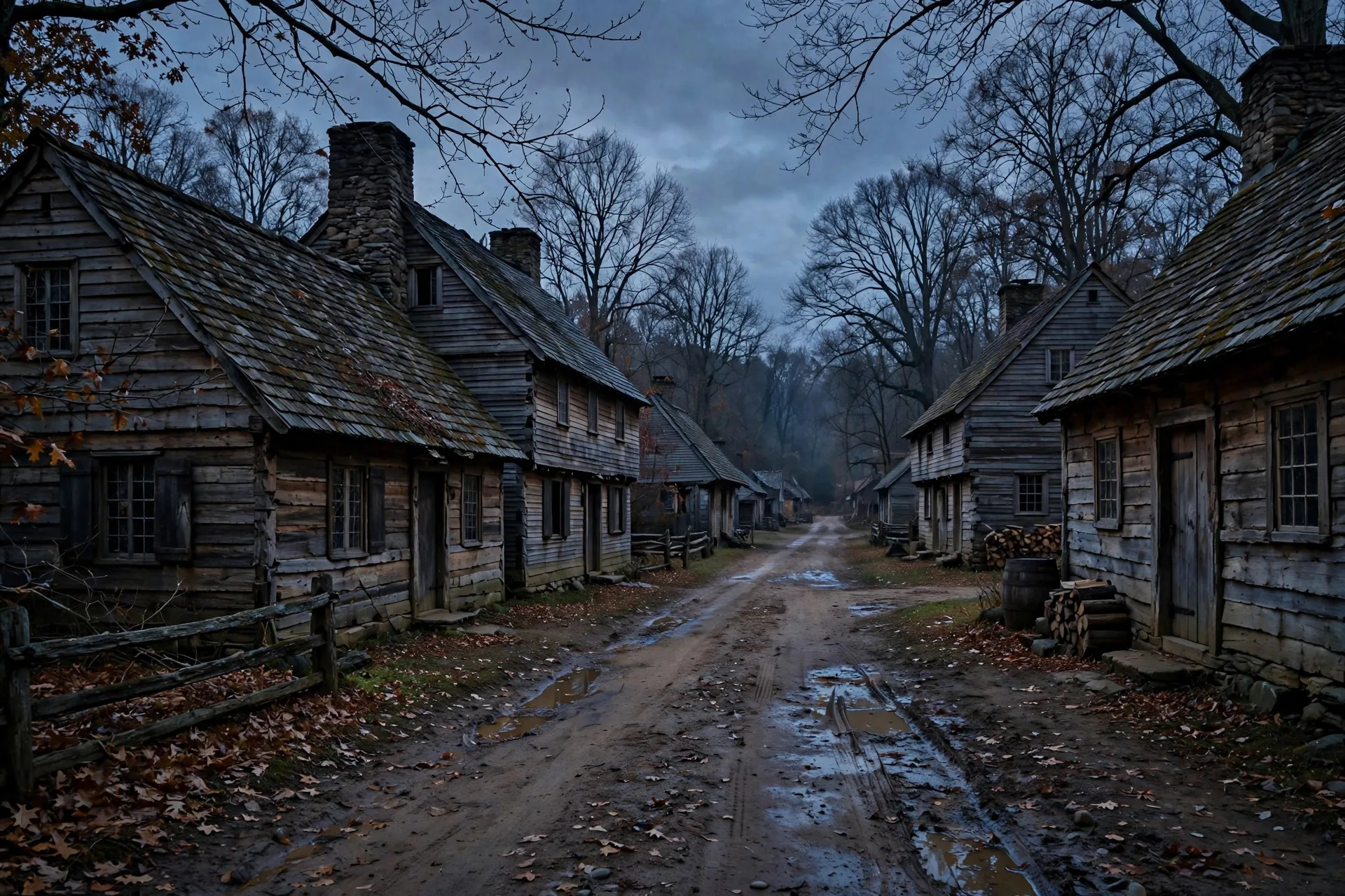 Calle de una aldea colonial de Nueva Inglaterra al atardecer, estilo siglo XVII