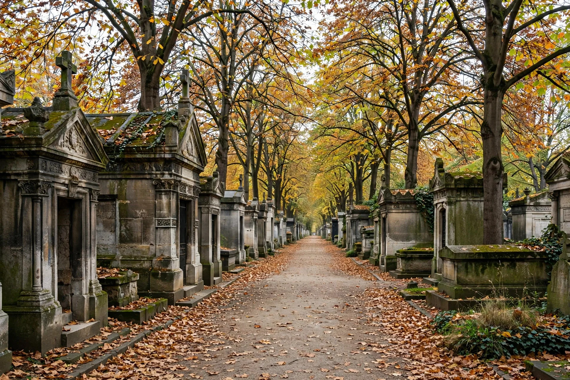 Camino arbolado con mausoleos antiguos en el cementerio Père Lachaise