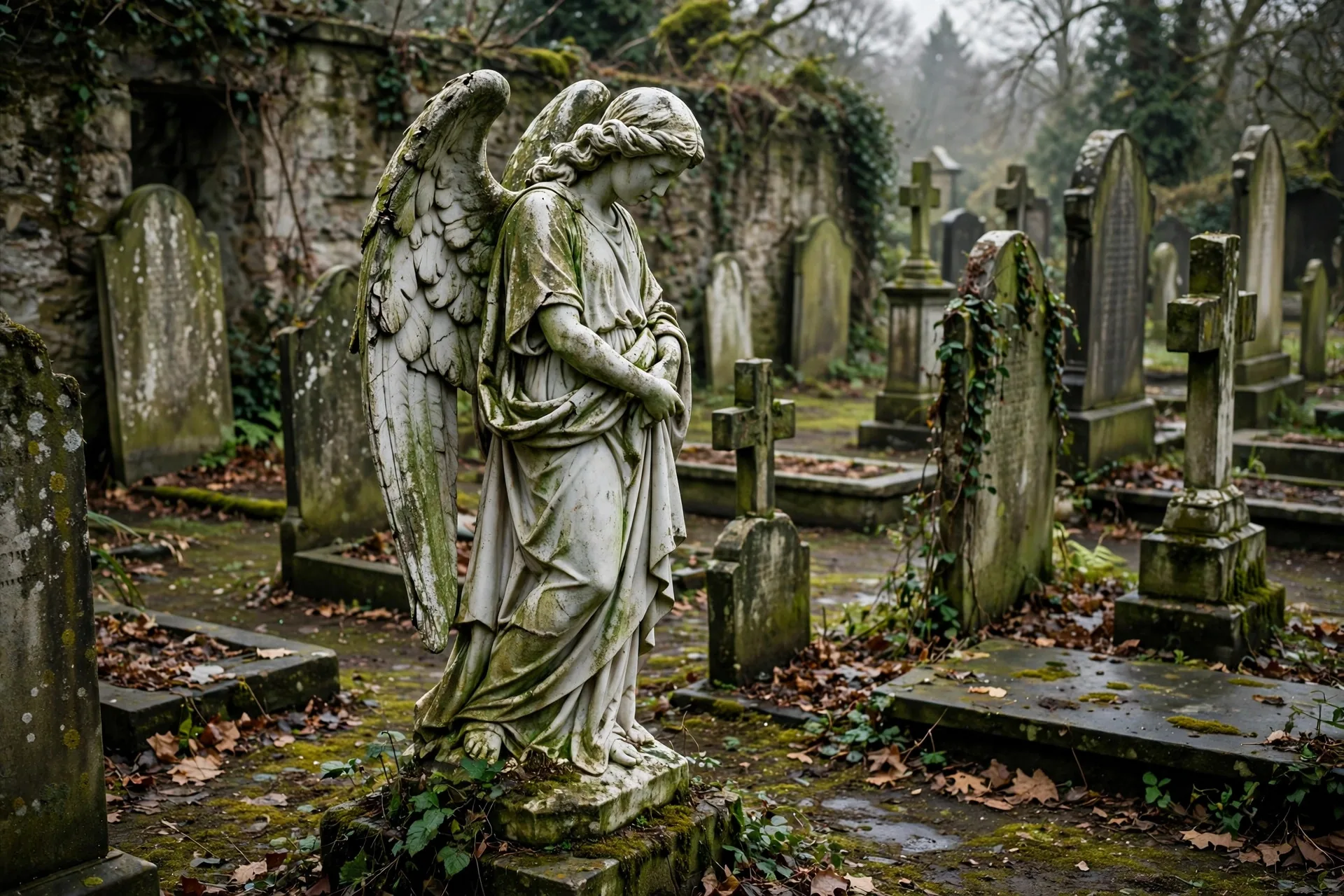 Estatua de ángel de mármol entre tumbas antiguas