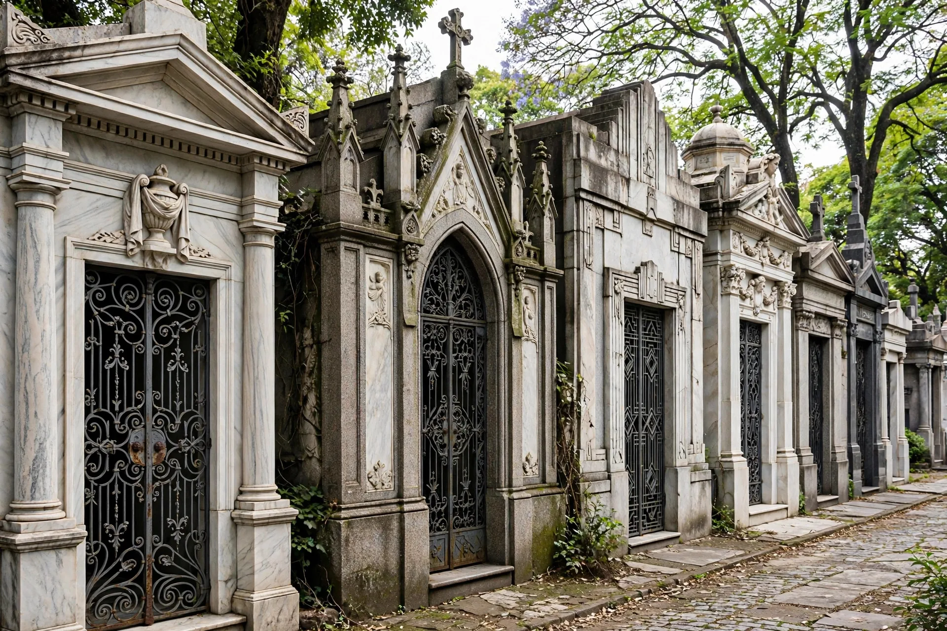 Fila de mausoleos de mármol elaborados en el cementerio de la Recoleta
