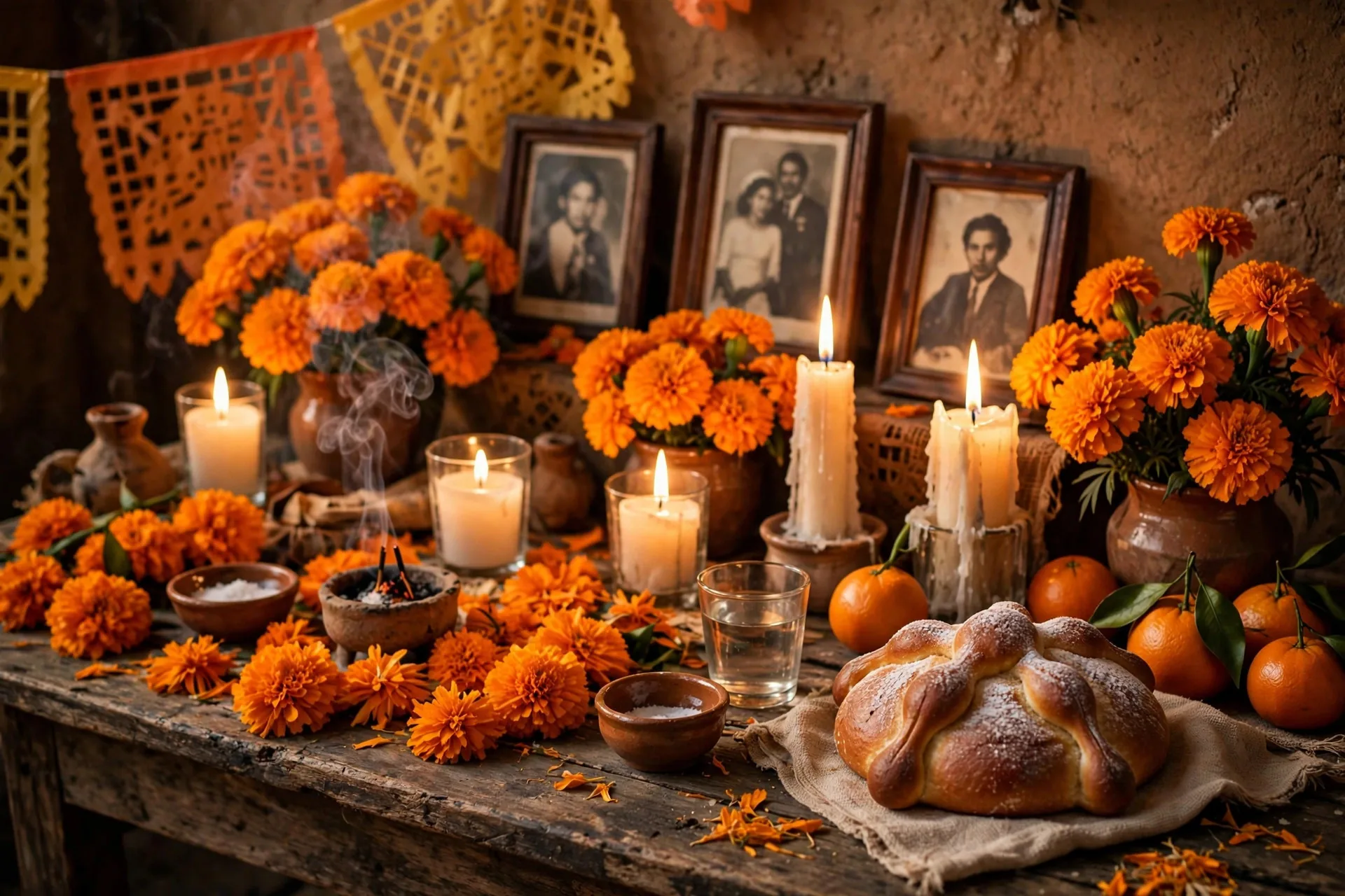 Altar de ofrenda de Día de Muertos con flores de cempasúchil, veladoras y fotografías