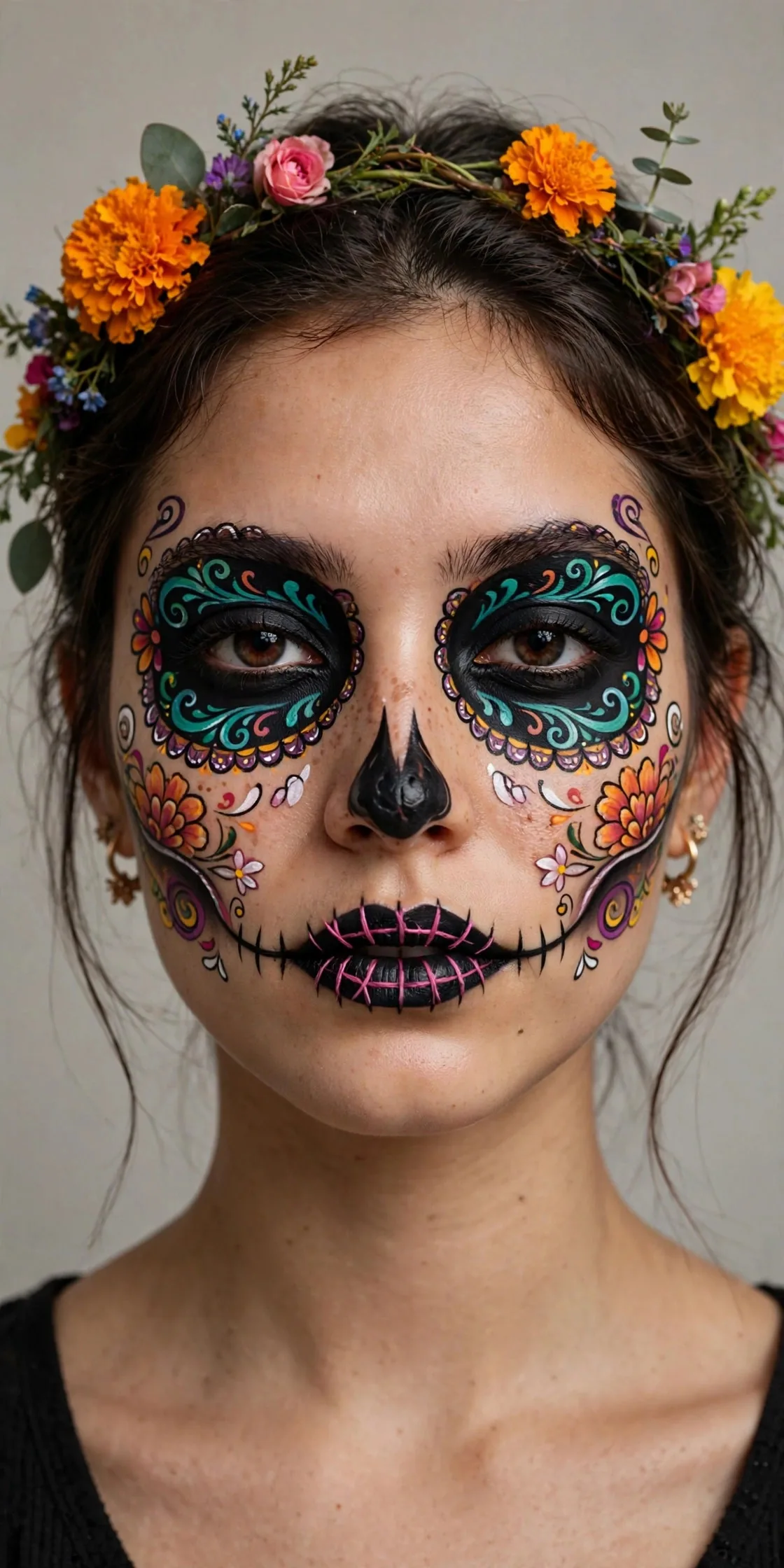 Retrato de una mujer joven con maquillaje de calavera estilo Catrina