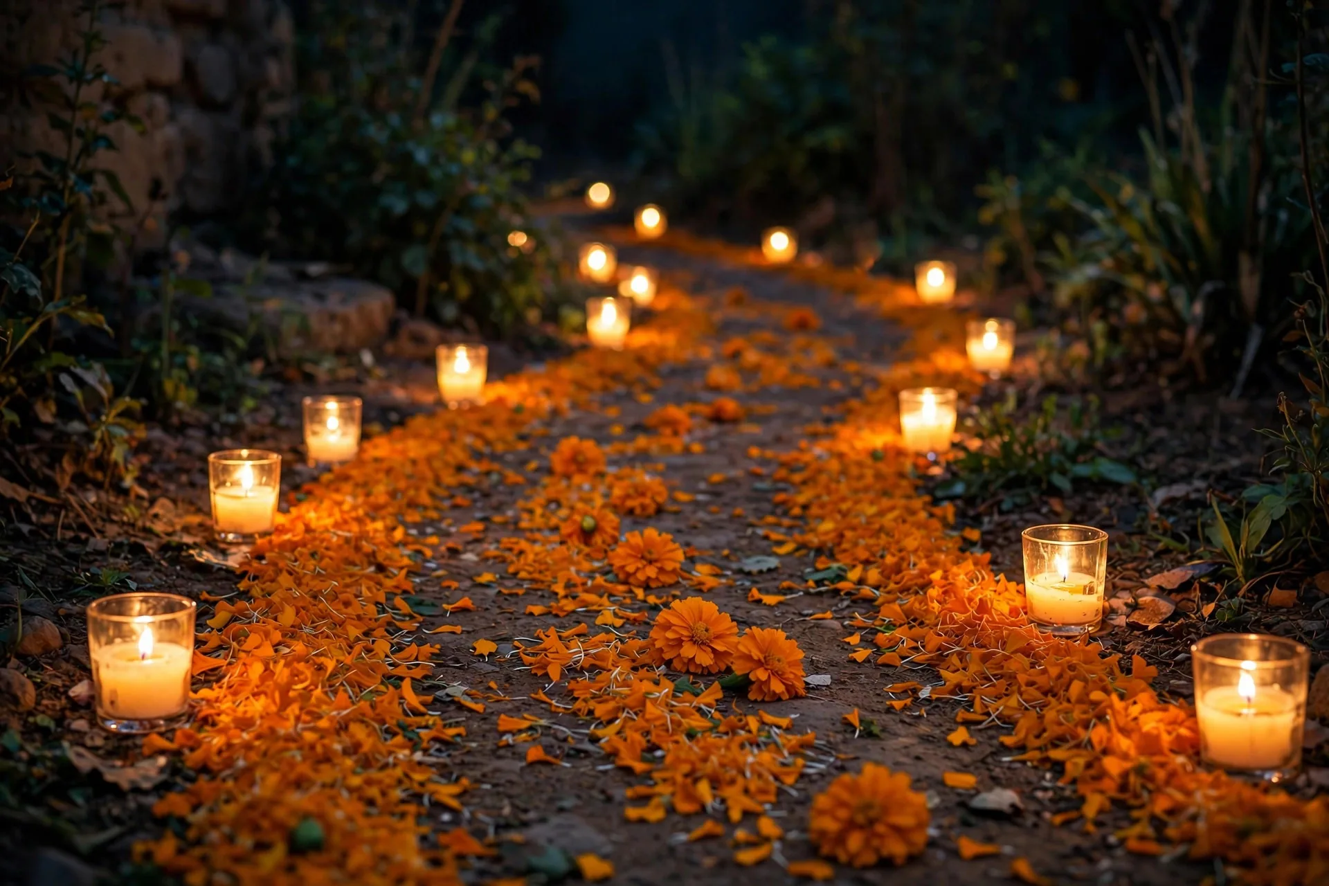 Sendero de pétalos de cempasúchil iluminado por veladoras en la noche