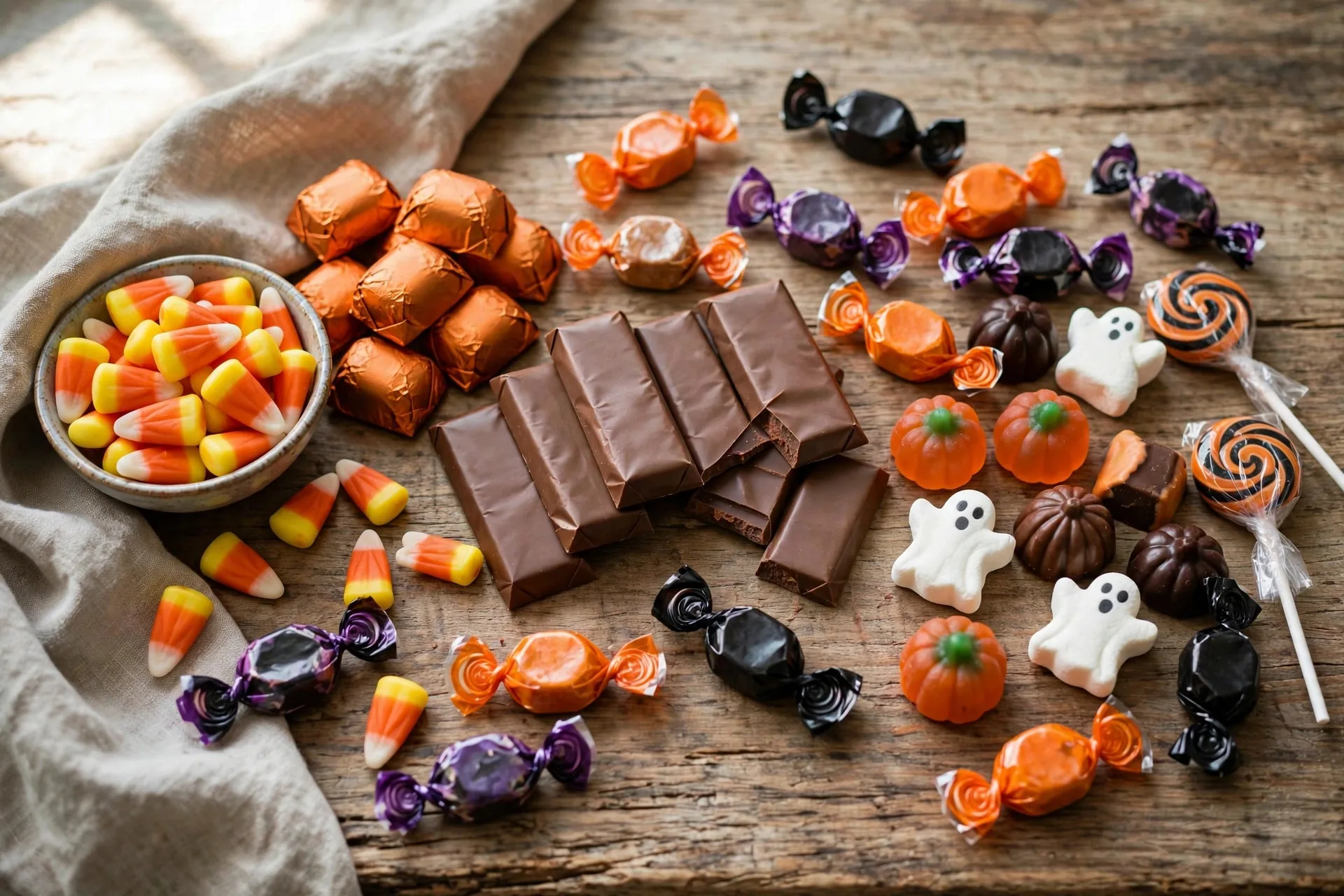 Barras de chocolate y dulces variados de Halloween sobre una mesa de madera
