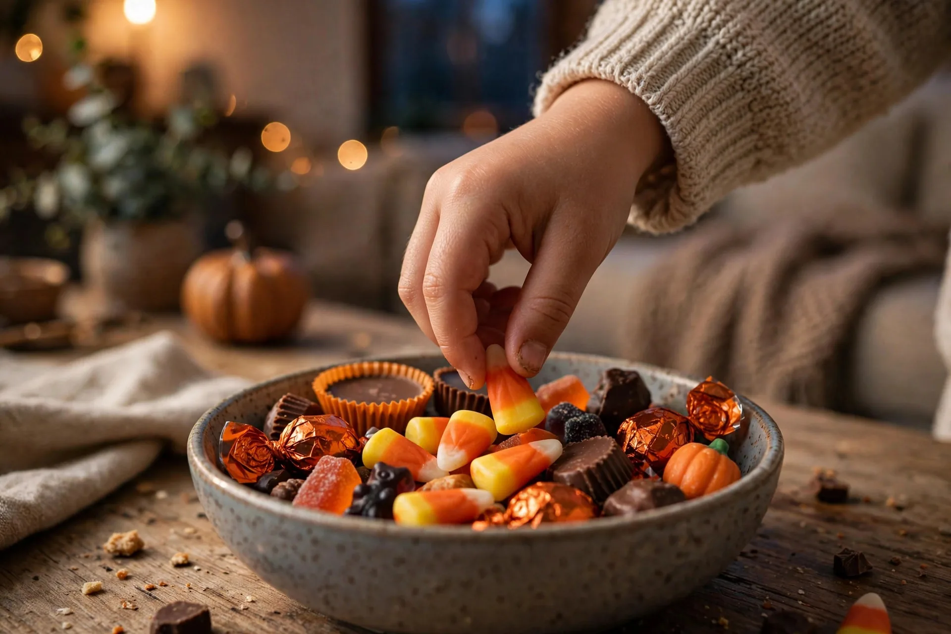 Mano de un niño tomando dulces de un tazón en Halloween