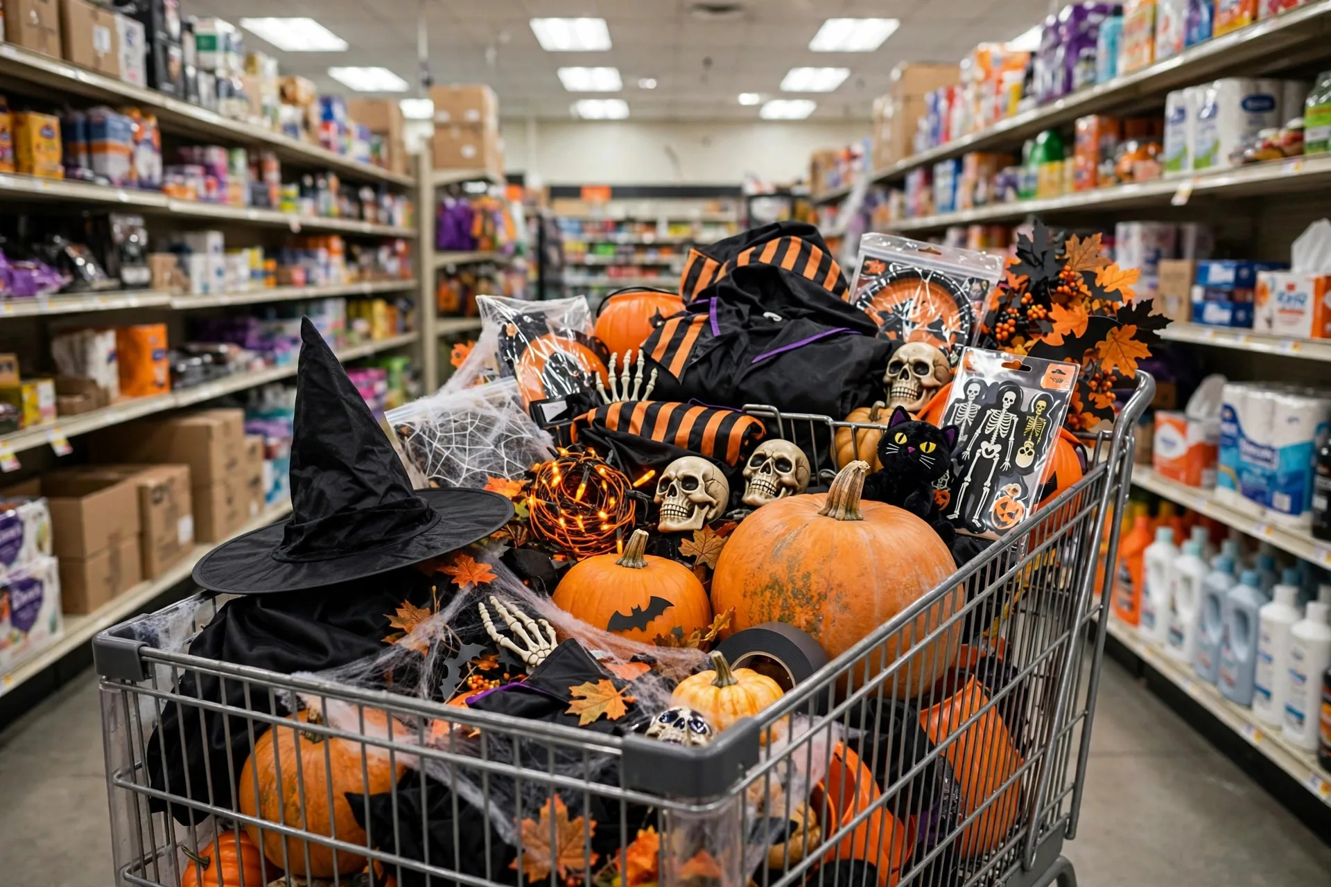 Carrito de compras lleno de decoraciones y disfraces de Halloween en una tienda