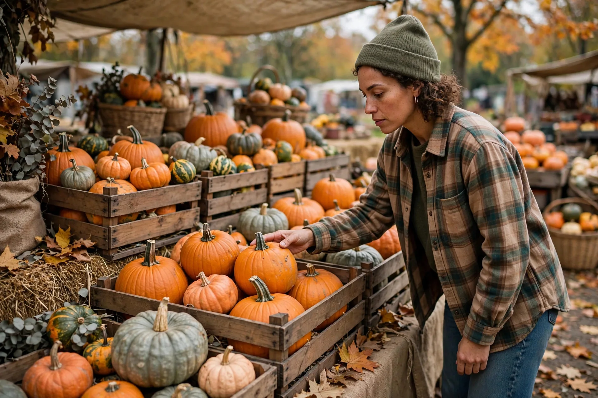 Comprador eligiendo calabazas en un puesto de mercado en otoño