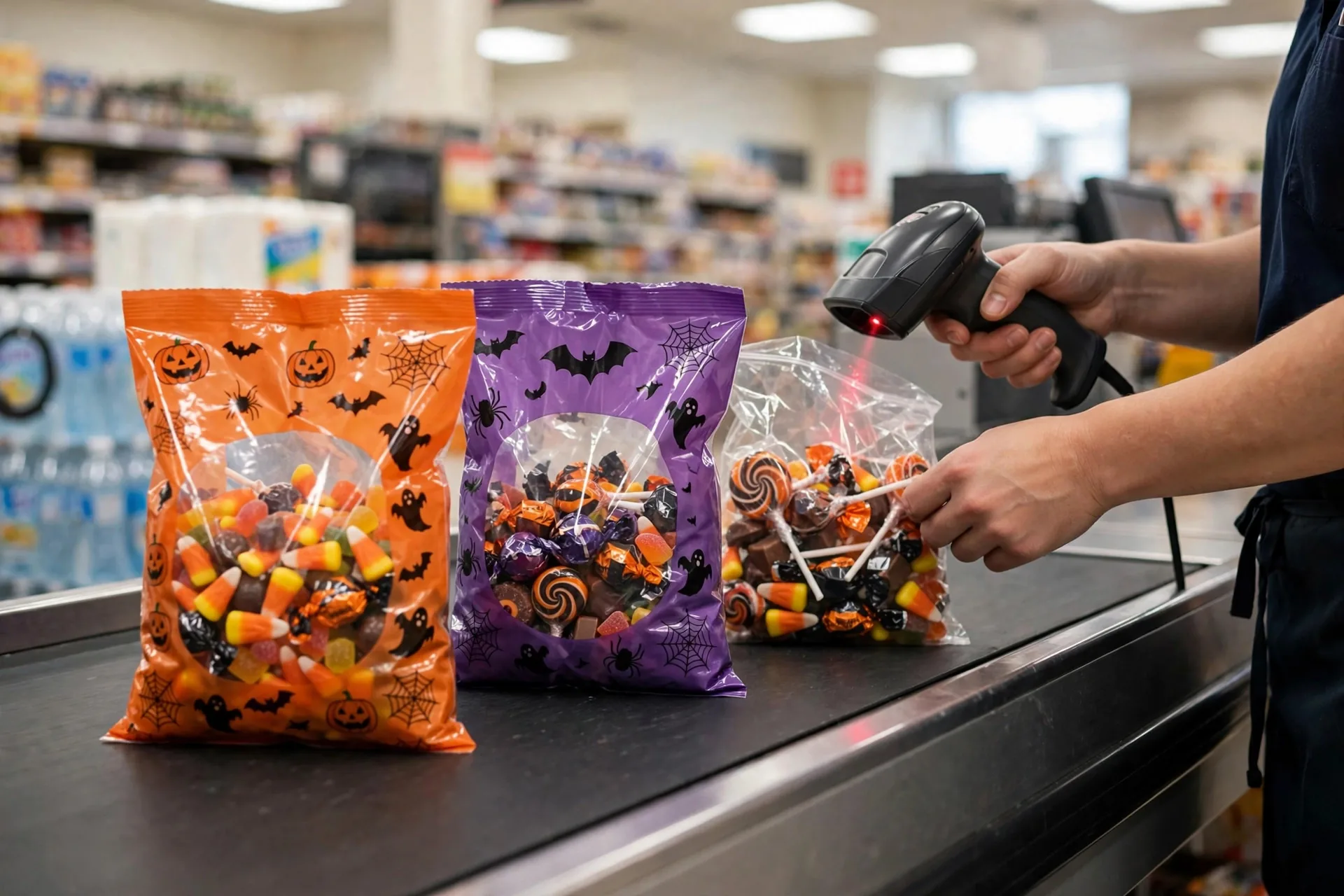 Cajera pasando bolsas de dulces de Halloween por la caja registradora