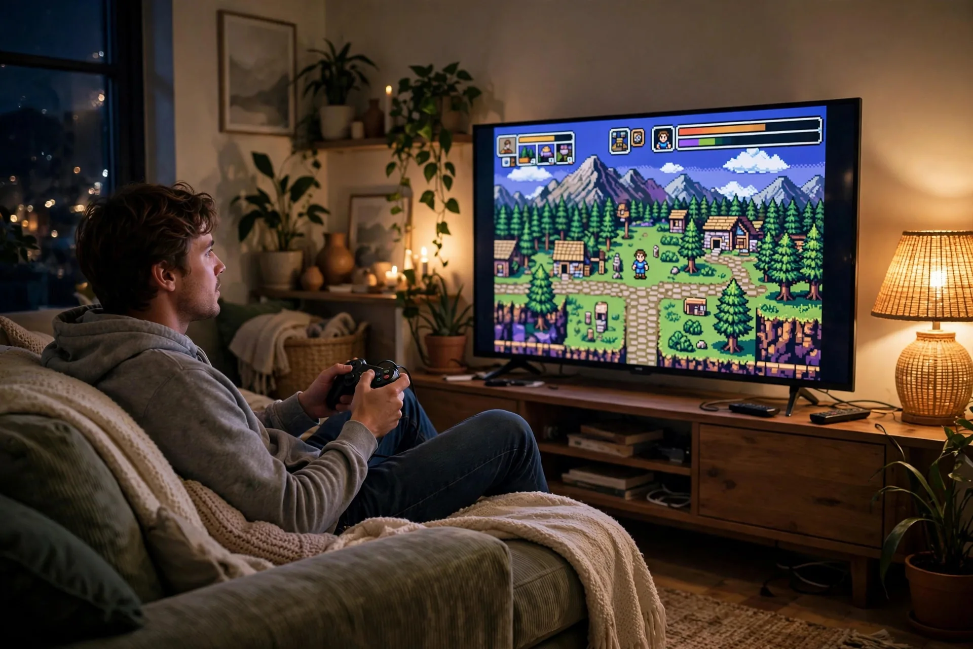 Persona jugando un RPG de pixel art estilo retro en el televisor con un control