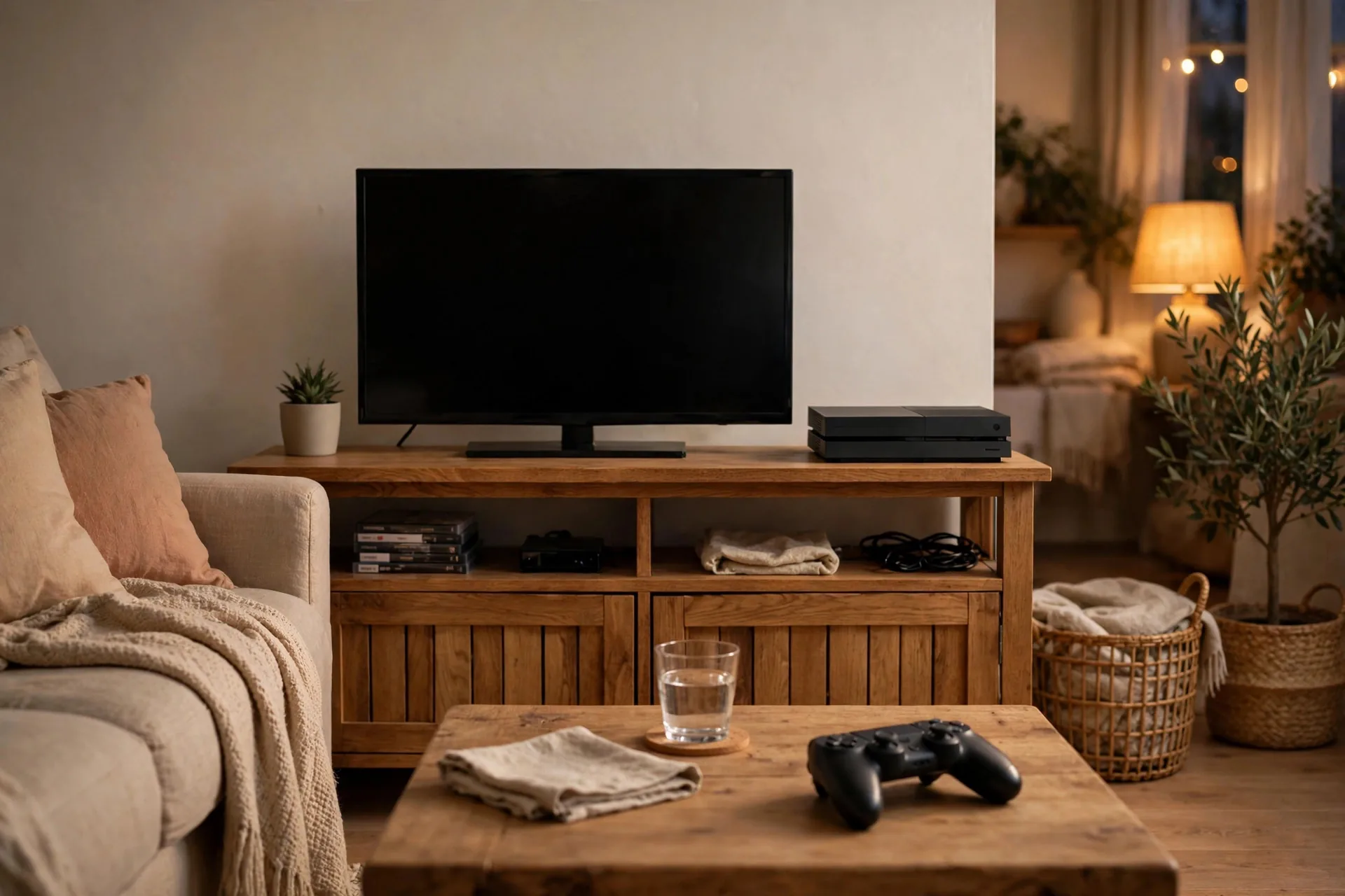 Consola de videojuegos junto al televisor en un setup hogareño