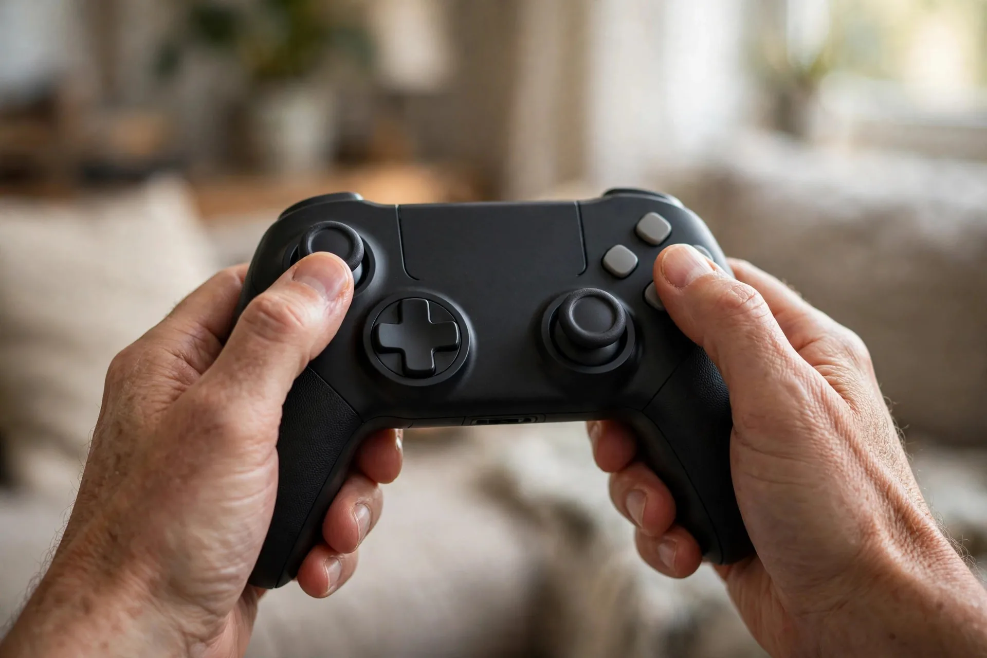 Primer plano de manos sosteniendo un control de videojuegos moderno