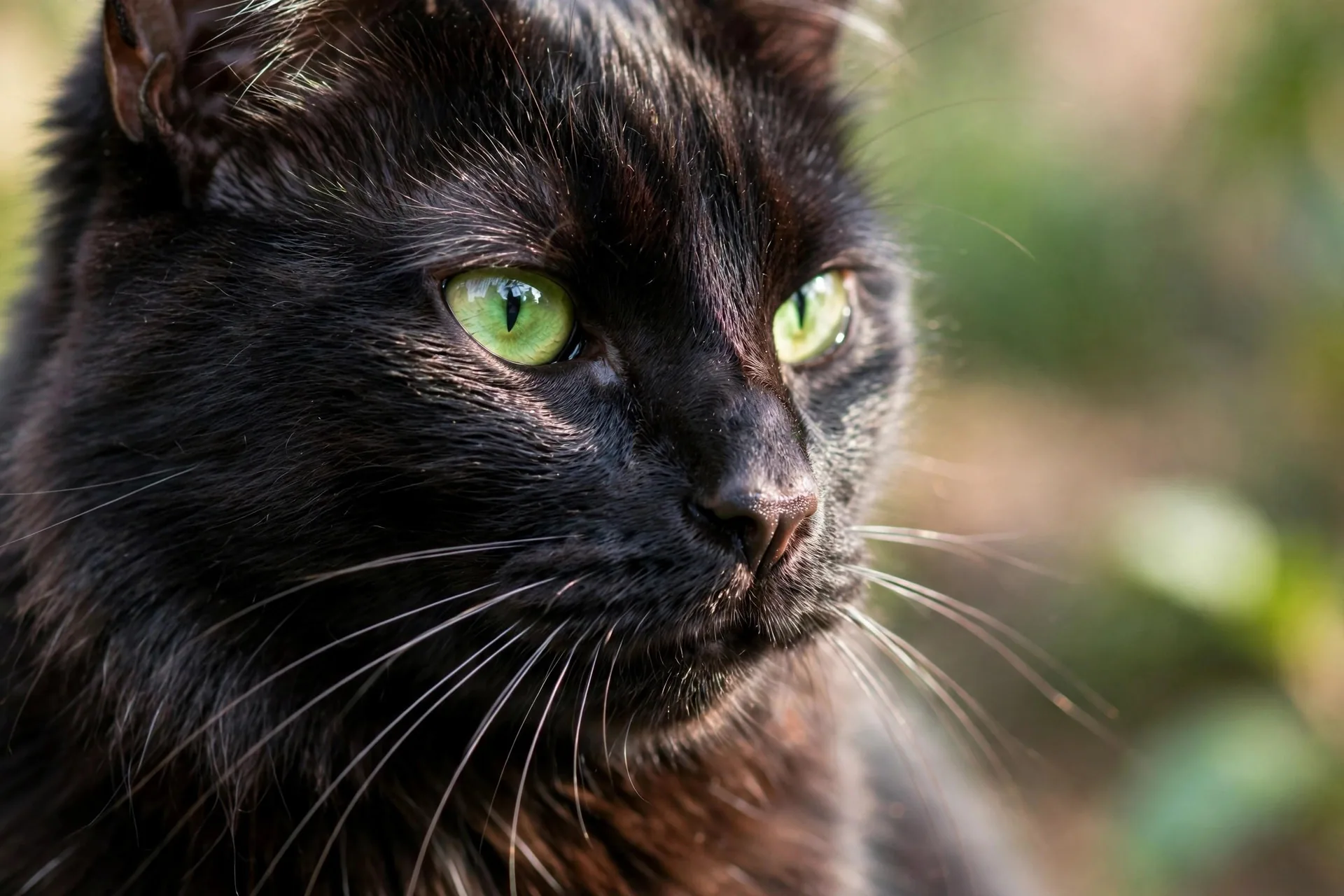 Primer plano de un gato negro de ojos verdes con luz natural