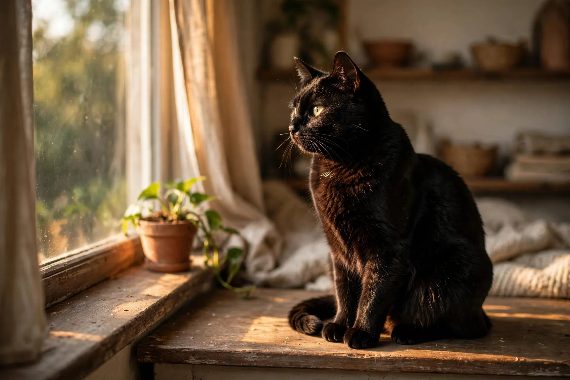 Gato negro sentado en el alféizar de una ventana con luz de tarde