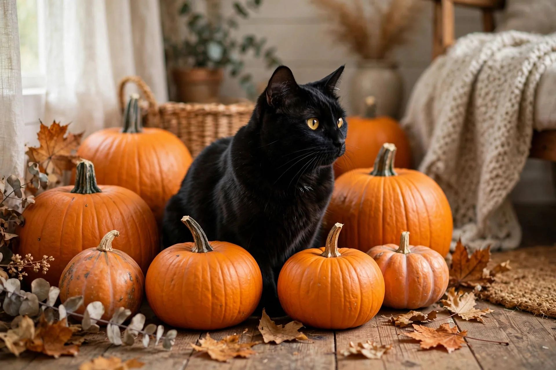 Gato negro sentado entre calabazas decorativas de Halloween