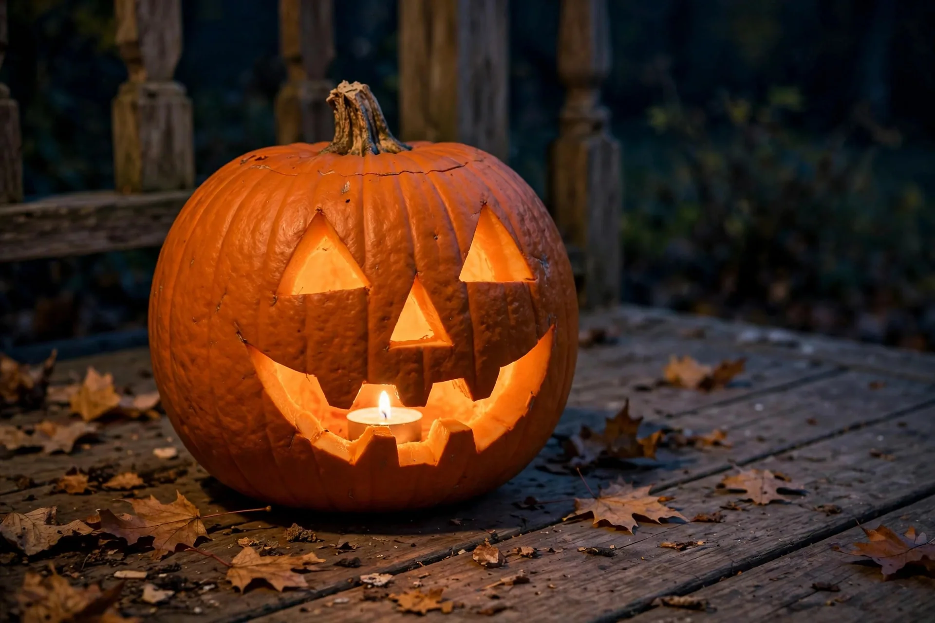 Jack-o'-lantern iluminado por una vela en un porche durante la noche