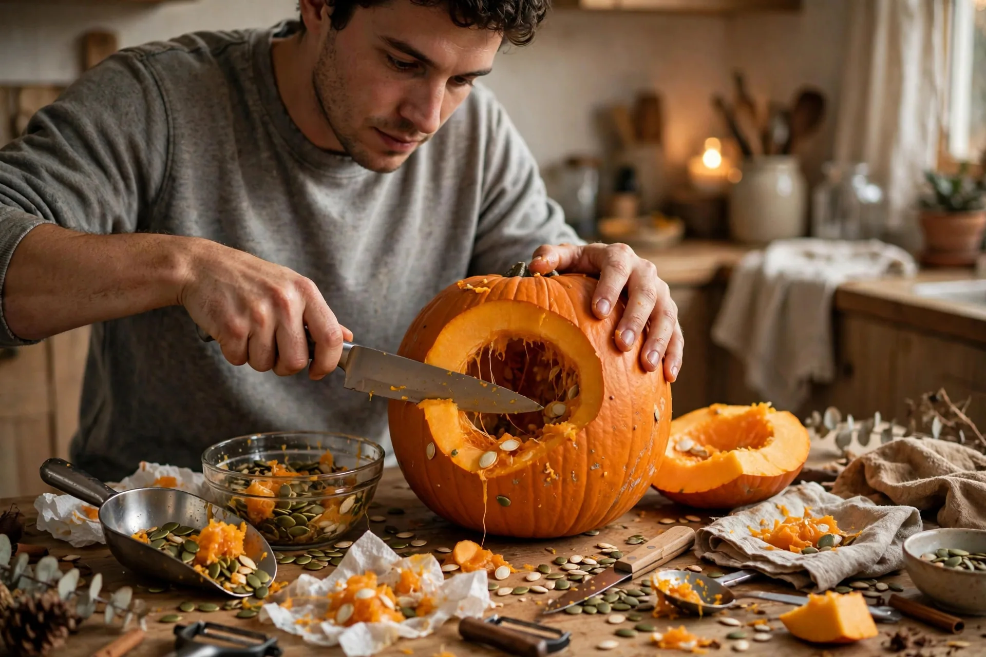 Manos tallando una calabaza de Halloween sobre una mesa de cocina