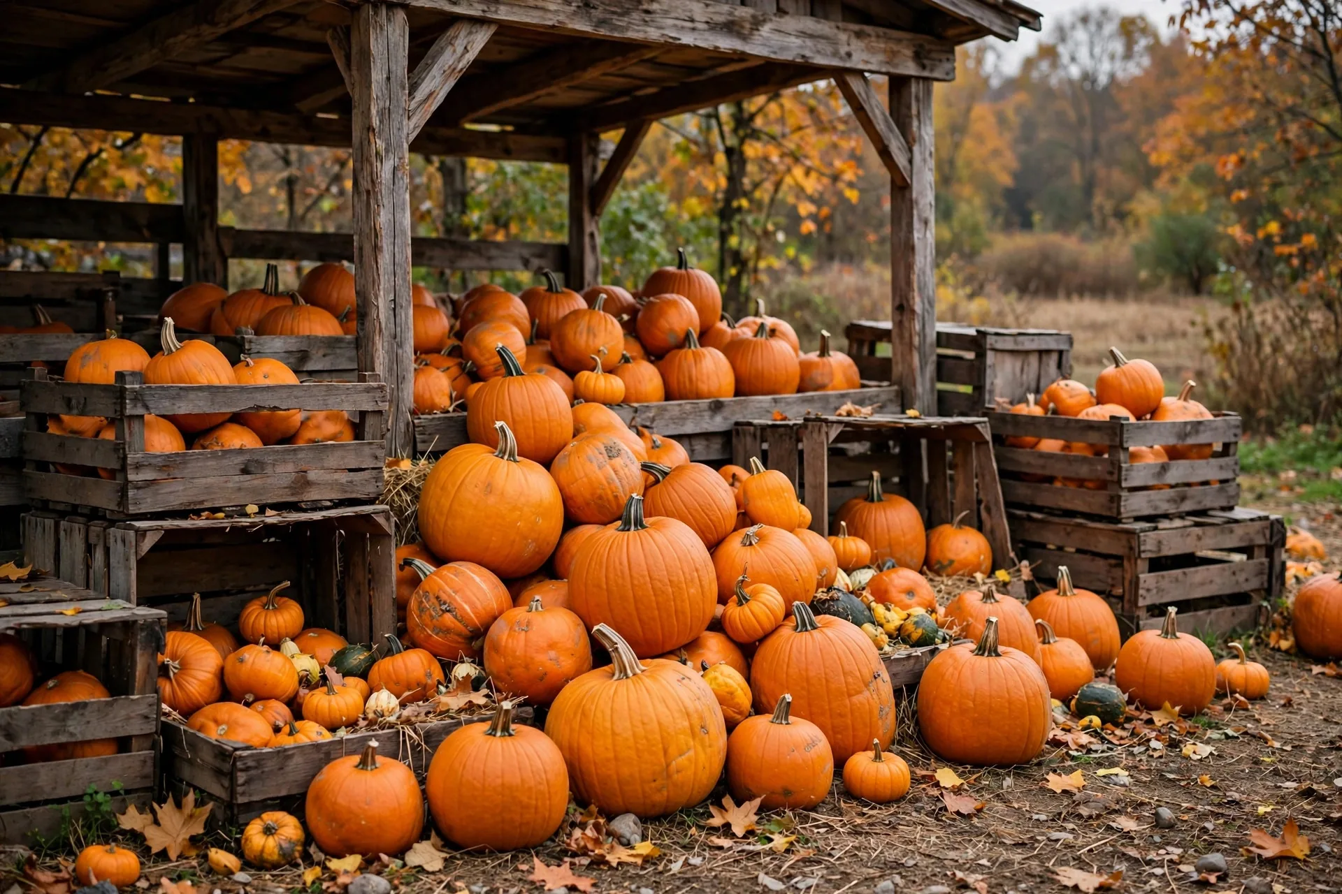 Montones de calabazas naranjas en un puesto de granja en otoño