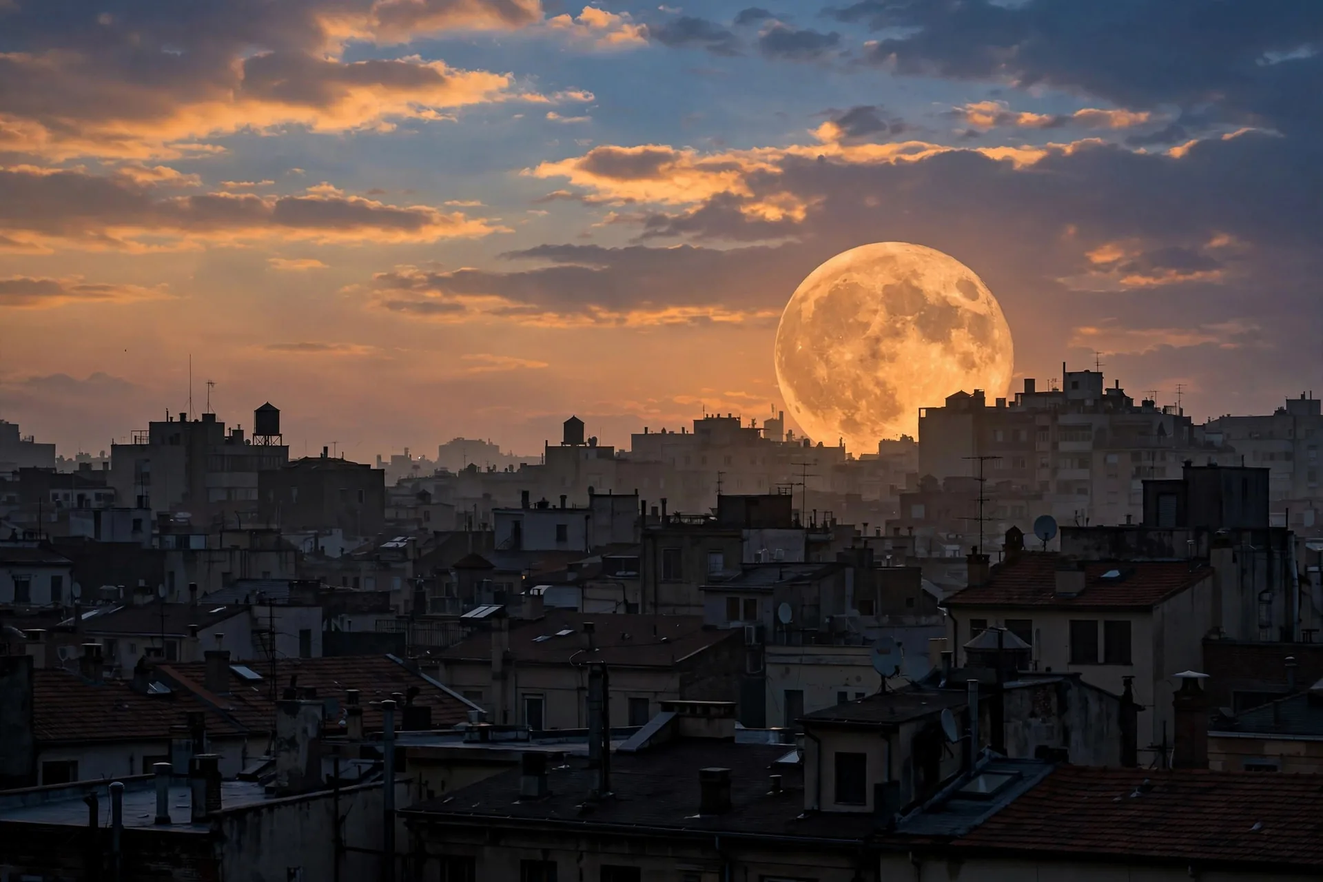Luna llena anaranjada saliendo sobre los tejados de una ciudad al atardecer