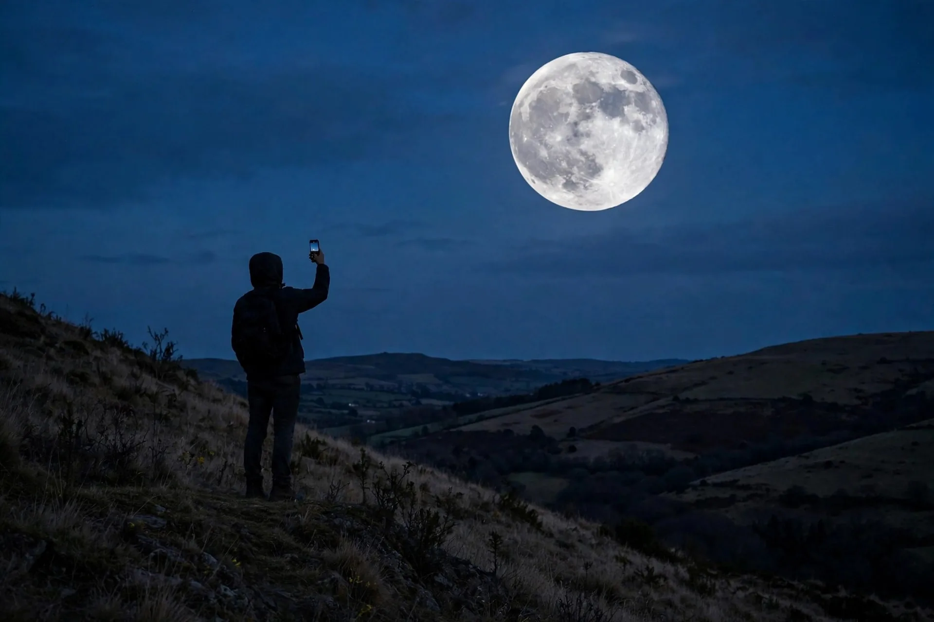 Silueta de una persona fotografiando la luna llena con un teléfono desde una colina