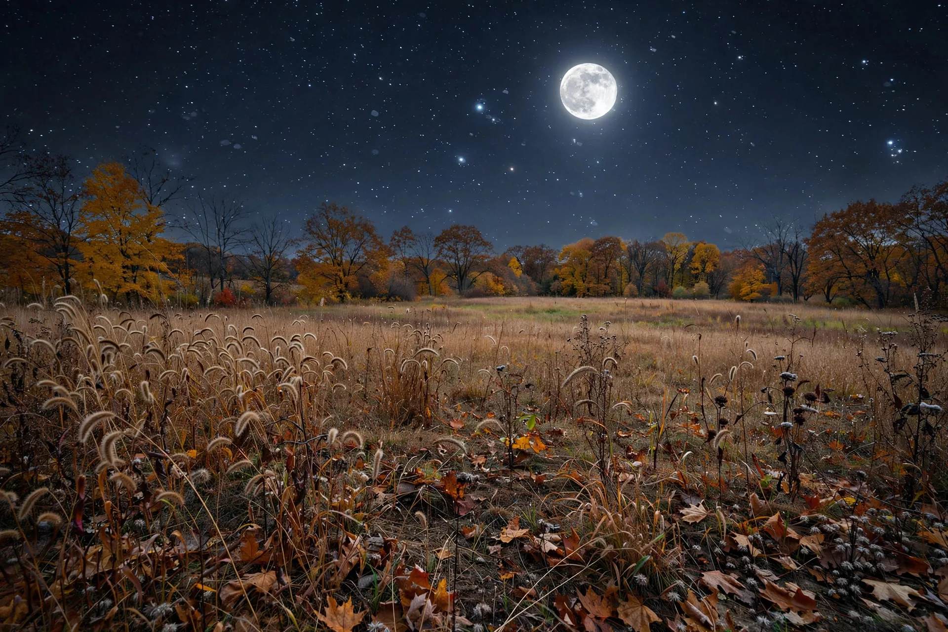 Luna llena brillando sobre árboles y un campo en otoño