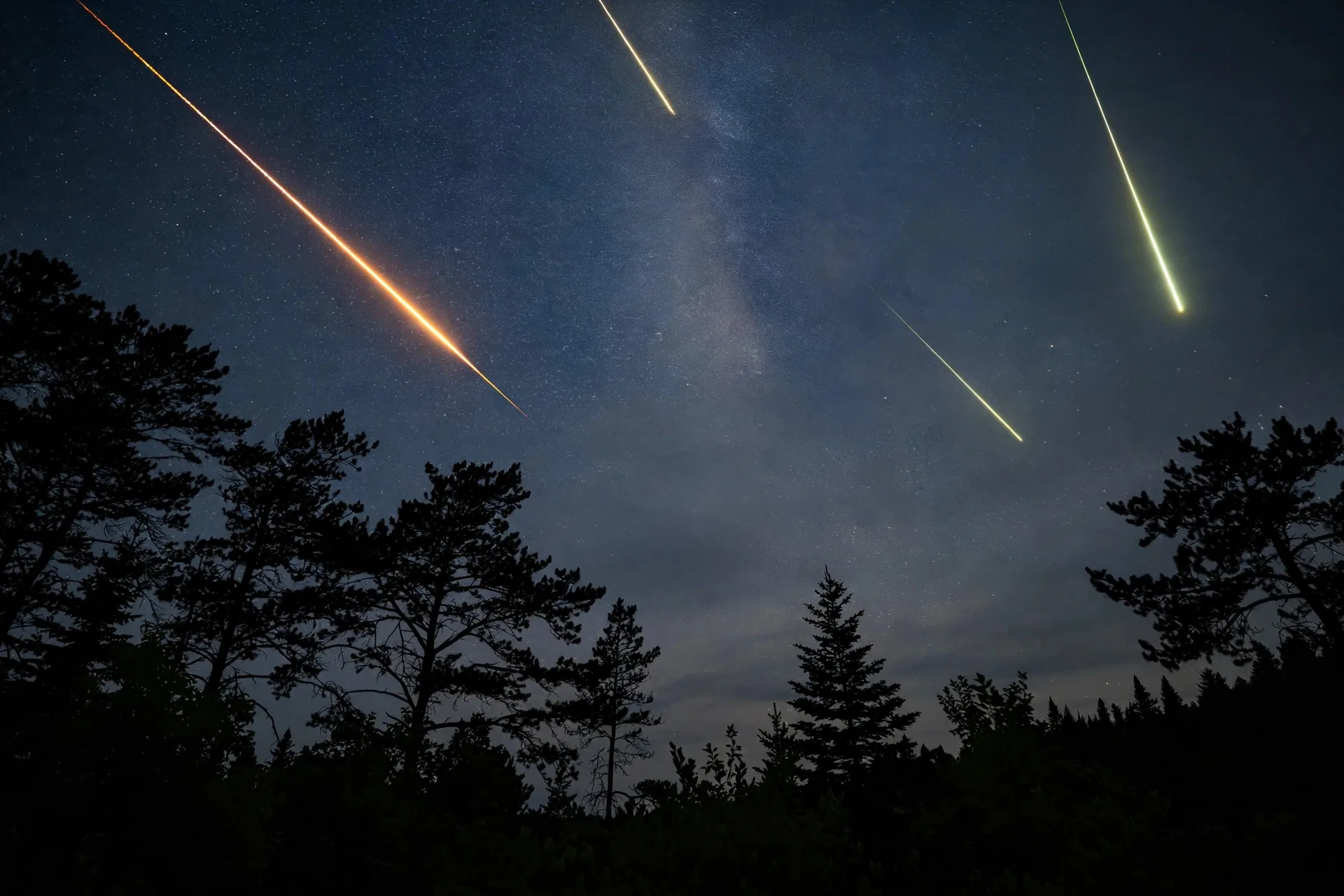 Meteoros cruzando un cielo nocturno estrellado sobre siluetas de árboles