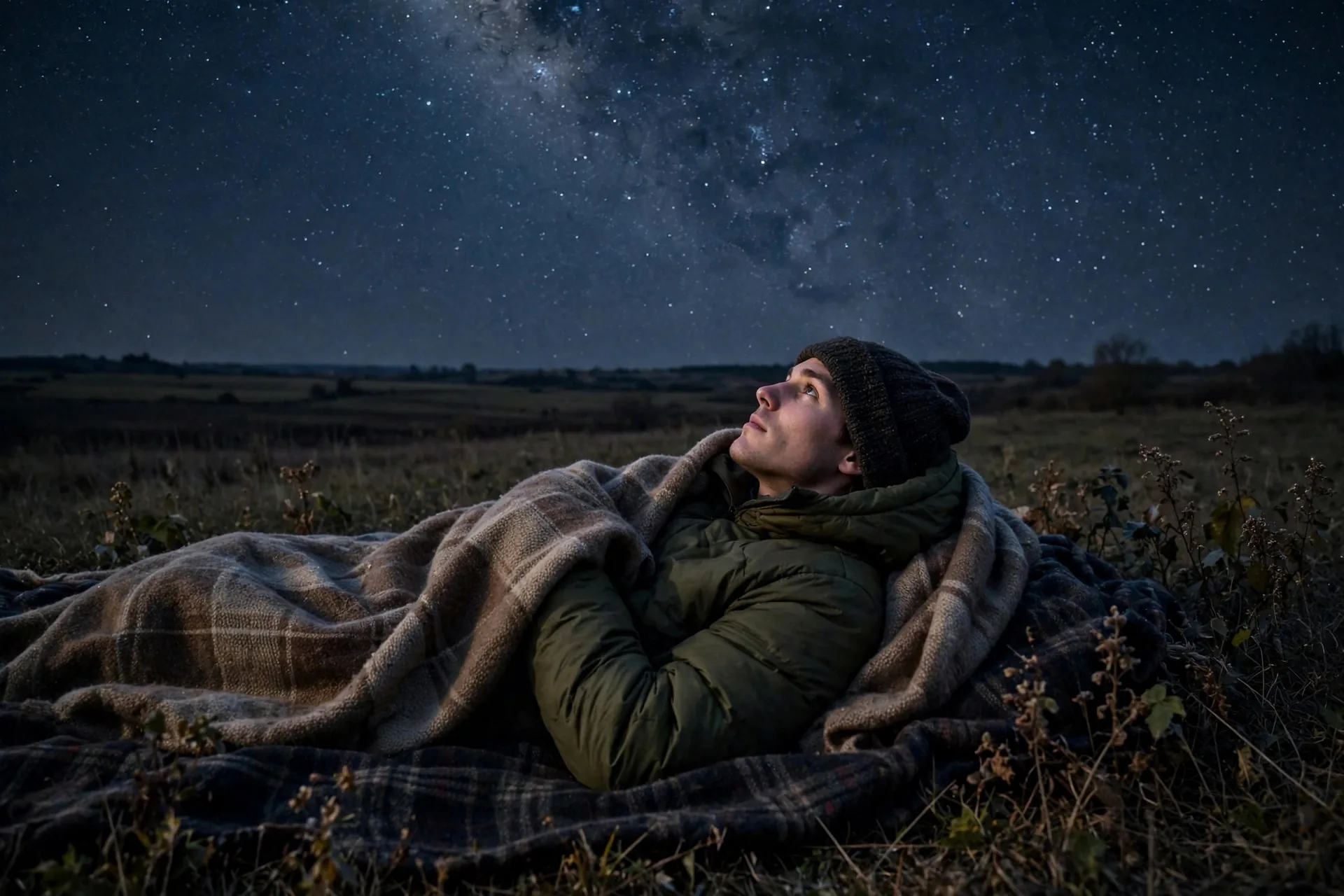 Persona envuelta en una manta mirando una lluvia de meteoros de noche