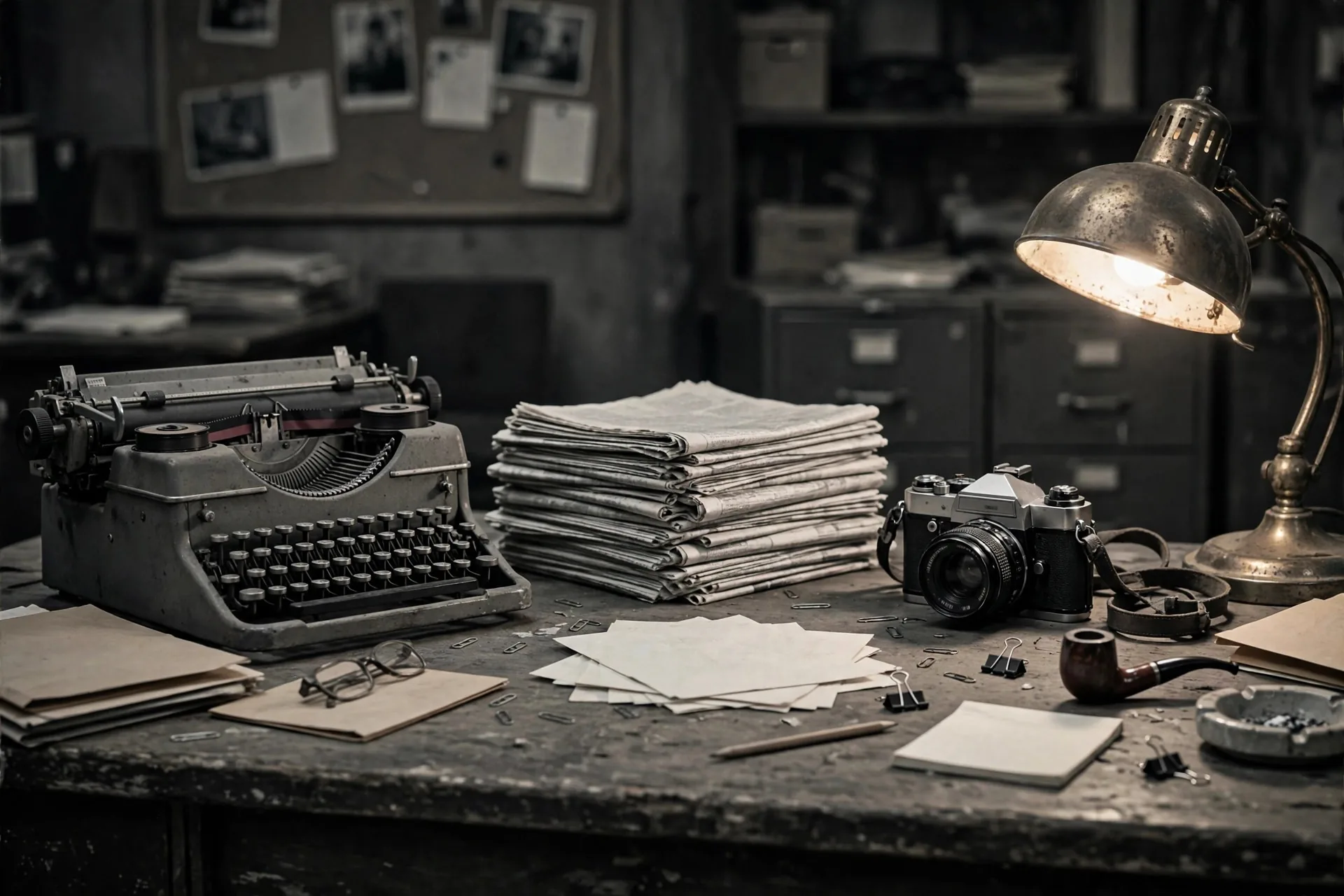 Escritorio de redacción vintage con máquina de escribir y periódicos