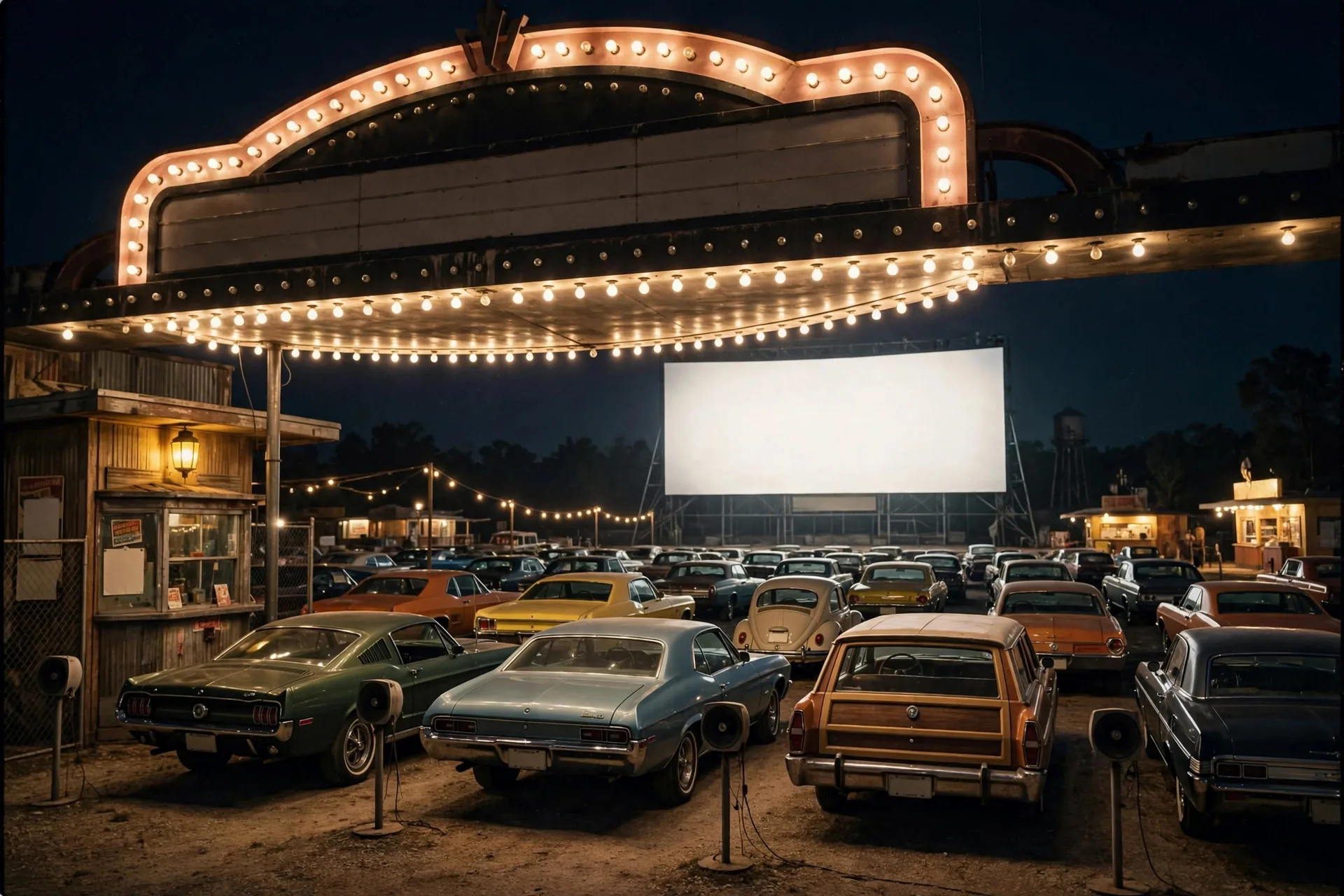 Marquesina de autocine de los años 70 con coches clásicos de noche