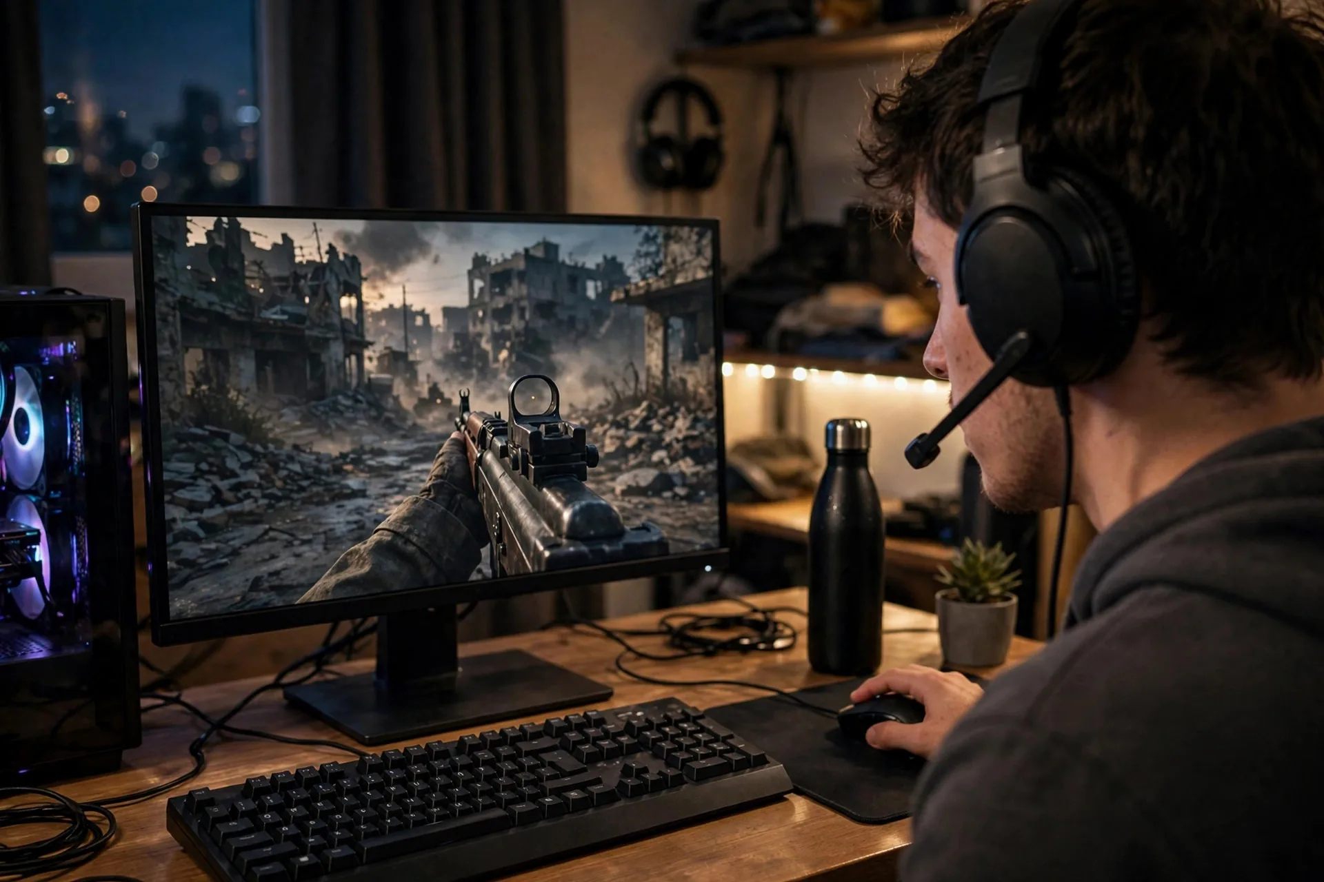 Joven con auriculares gaming jugando a un shooter militar en su PC