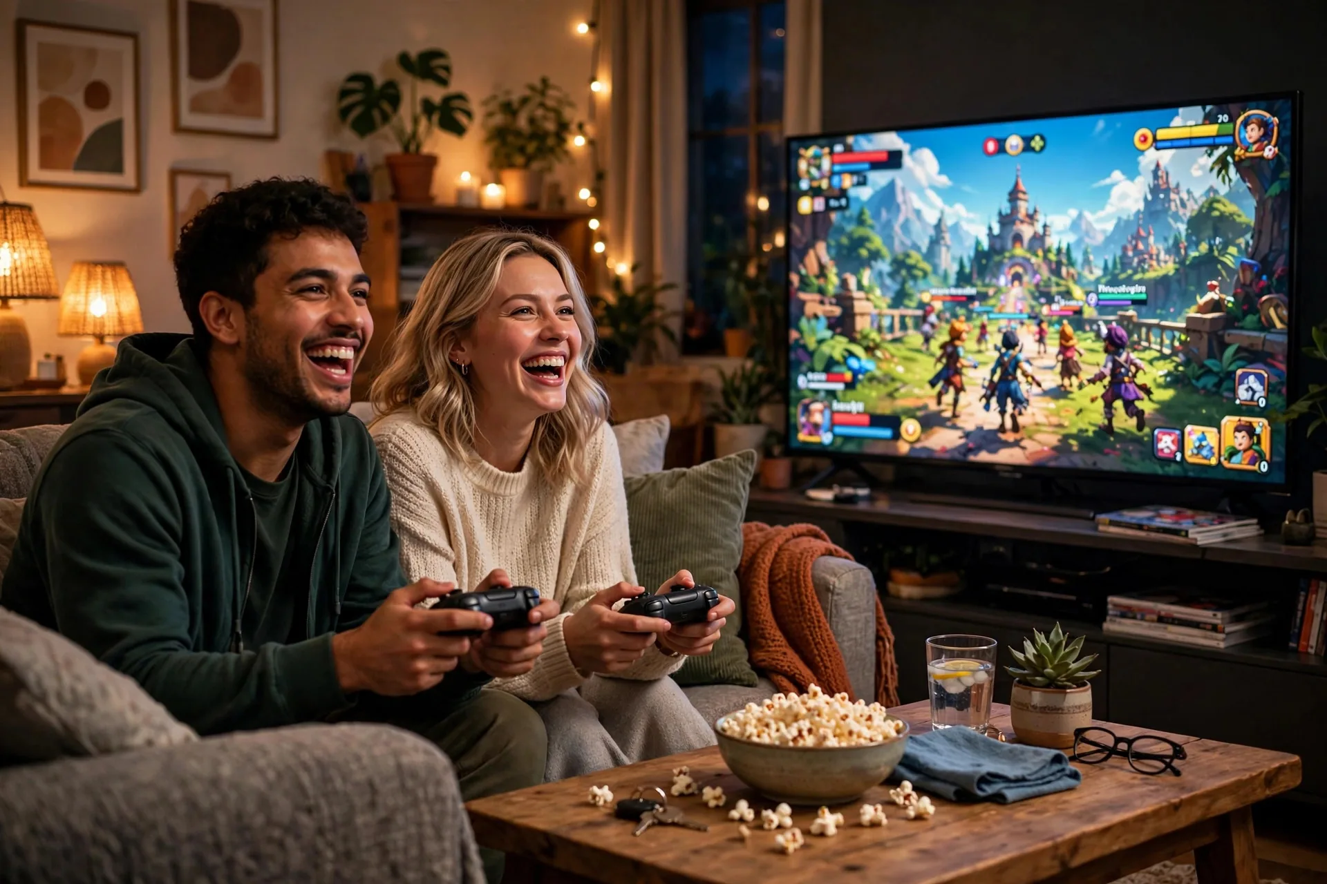 Dos amigos en un sofá jugando con mandos a un videojuego multijugador