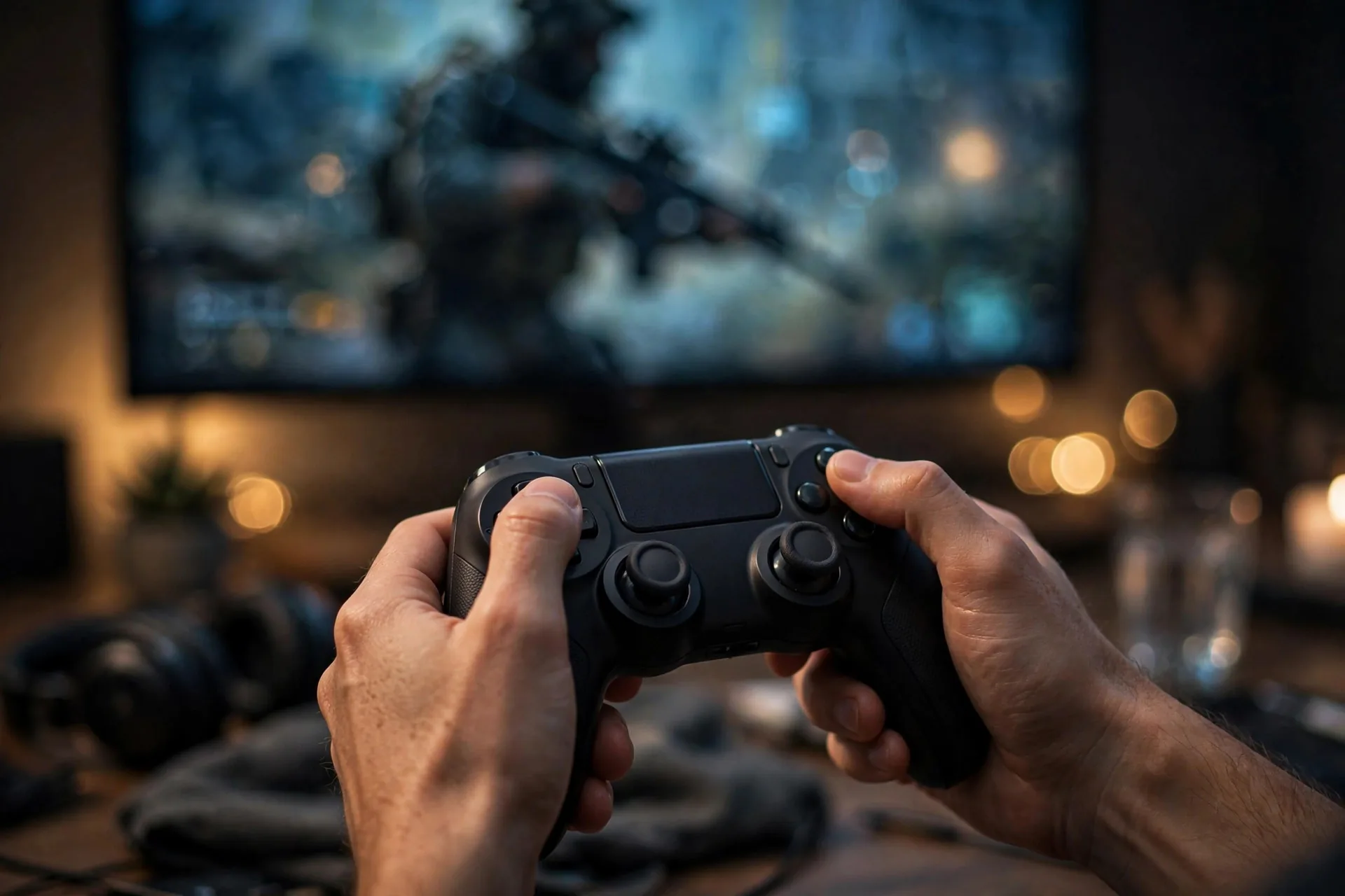 Manos sujetando un mando moderno con un videojuego táctico en la televisión