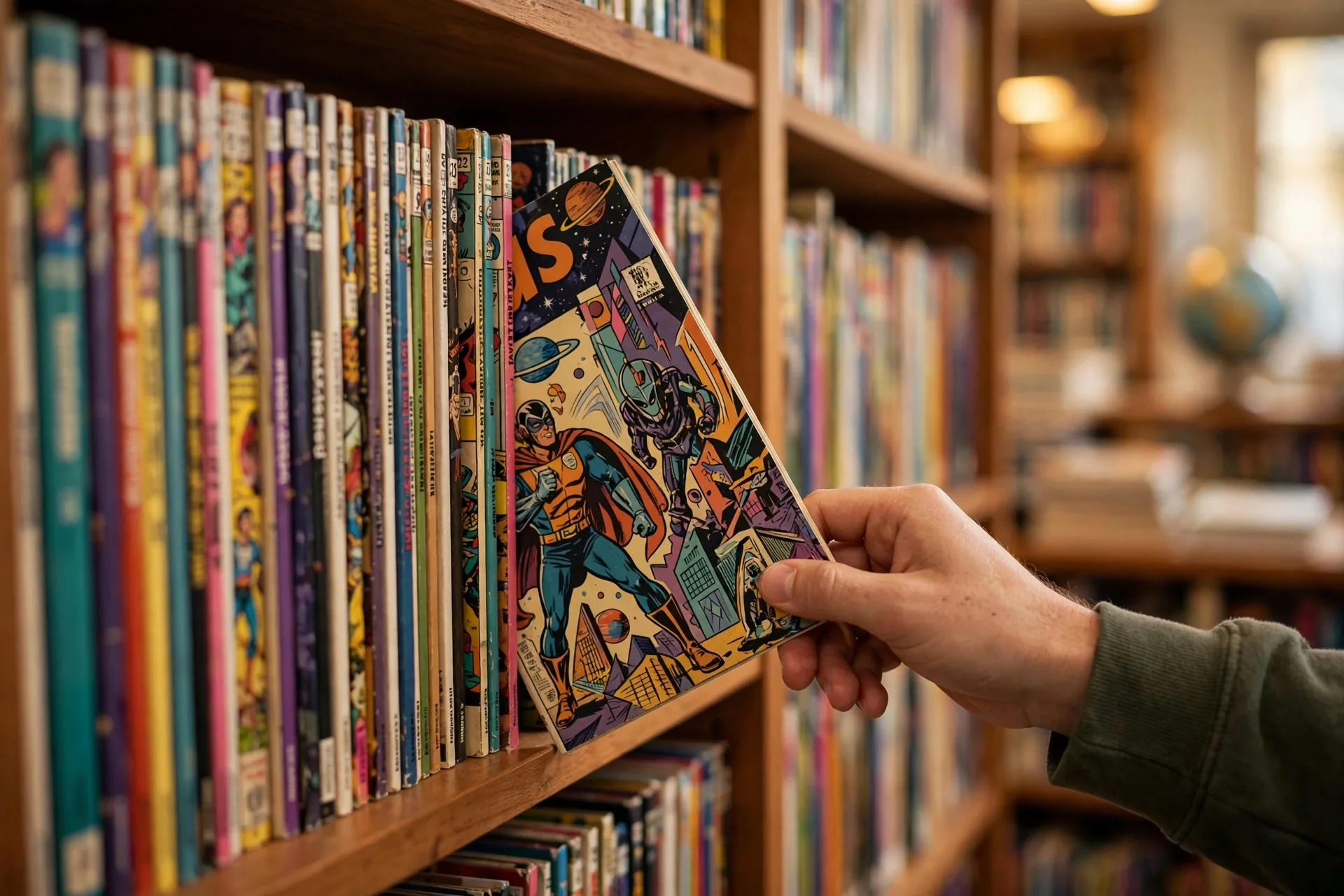 Mano sacando un cómic de una estantería llena de tebeos clásicos
