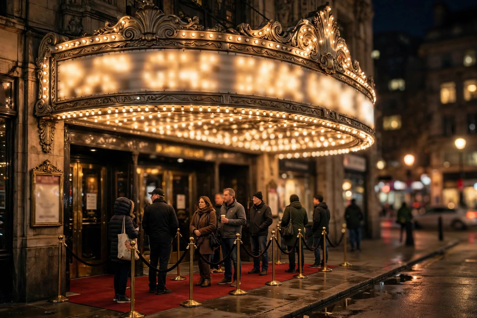 Multitud de espectadores bajo la marquesina iluminada de un cine por la noche