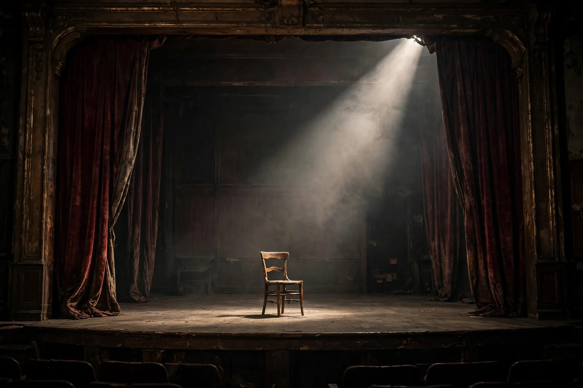 Escenario de teatro vacío con una silla bajo un haz de luz