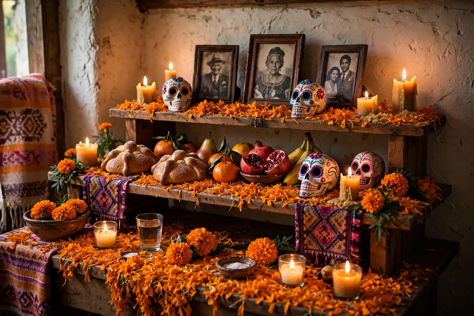 Ofrenda del Día de Muertos con cempasúchil, velas, fotos y pan de muerto