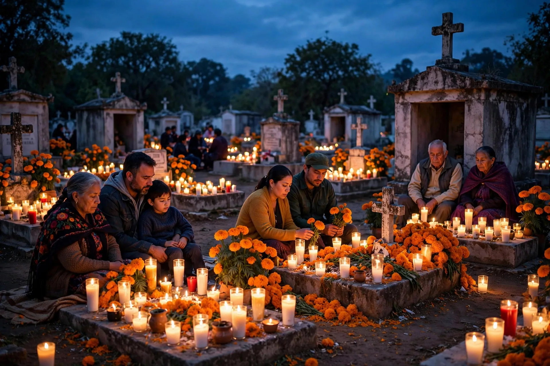 Tumbas decoradas con flores de cempasúchil y velas en un cementerio mexicano