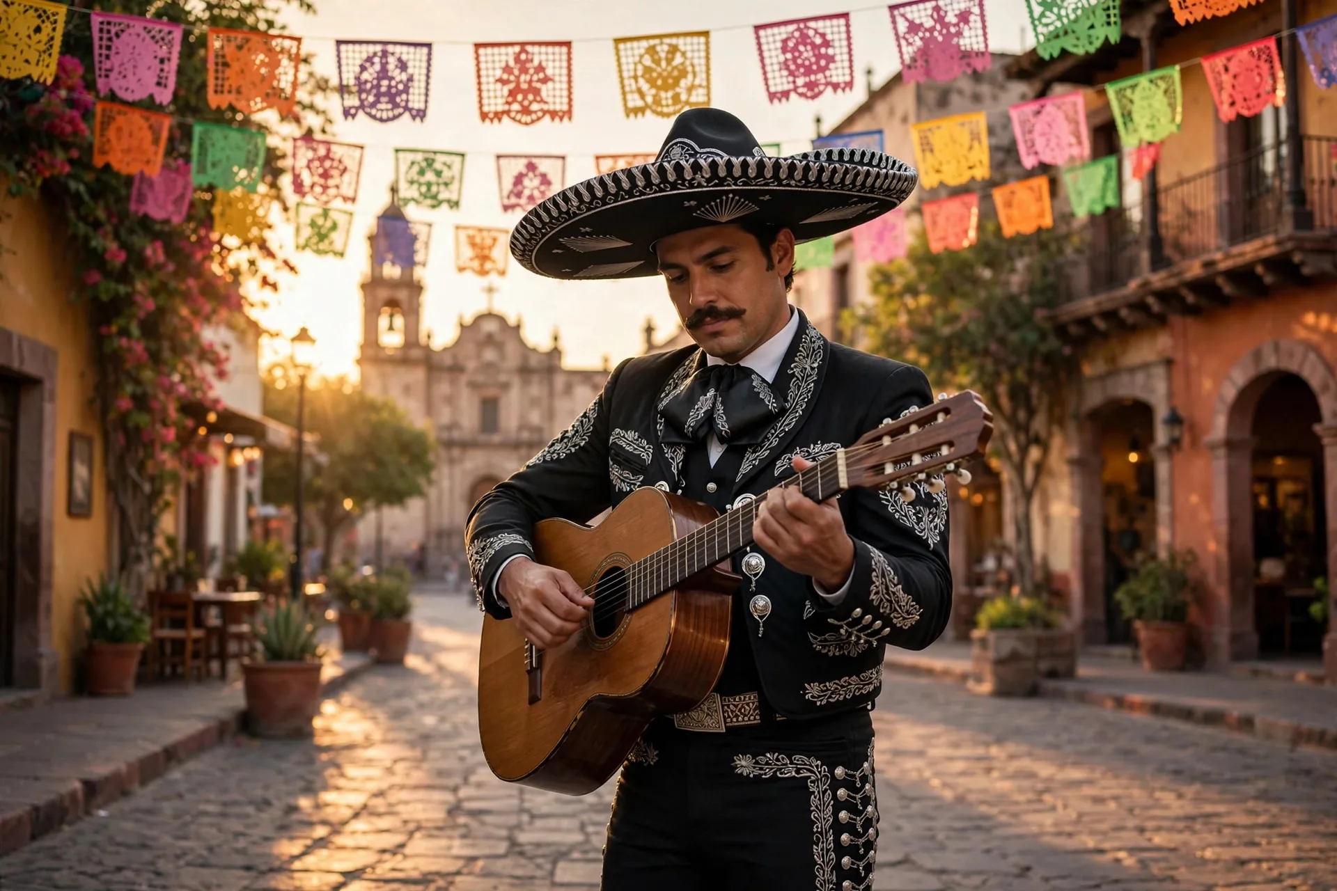 Músico mariachi con traje de charro tocando la guitarra al atardecer