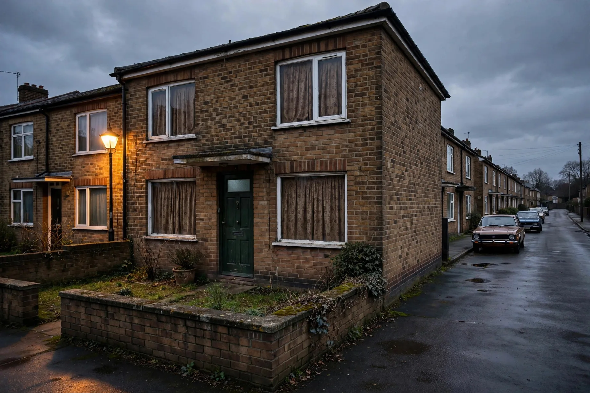 Casa de ladrillo en un suburbio de Londres al anochecer, escenario del poltergeist de Enfield