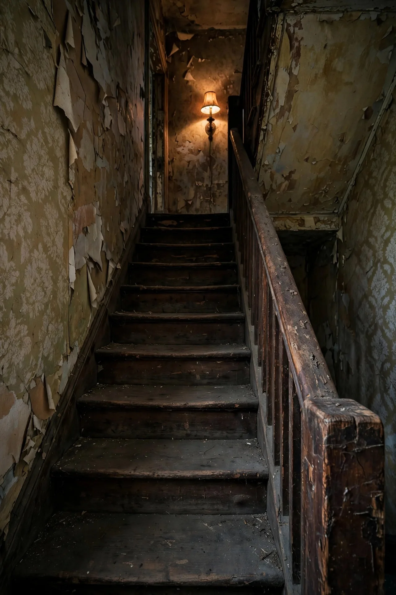 Escalera antigua de madera iluminada por una lámpara tenue
