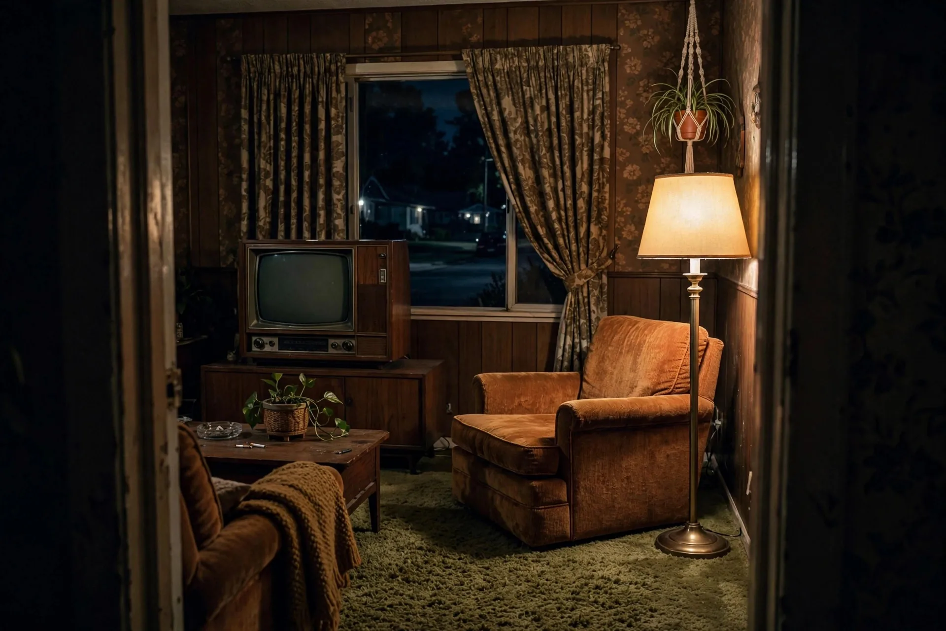 Salón vintage de los años 70 fotografiado de noche desde la puerta
