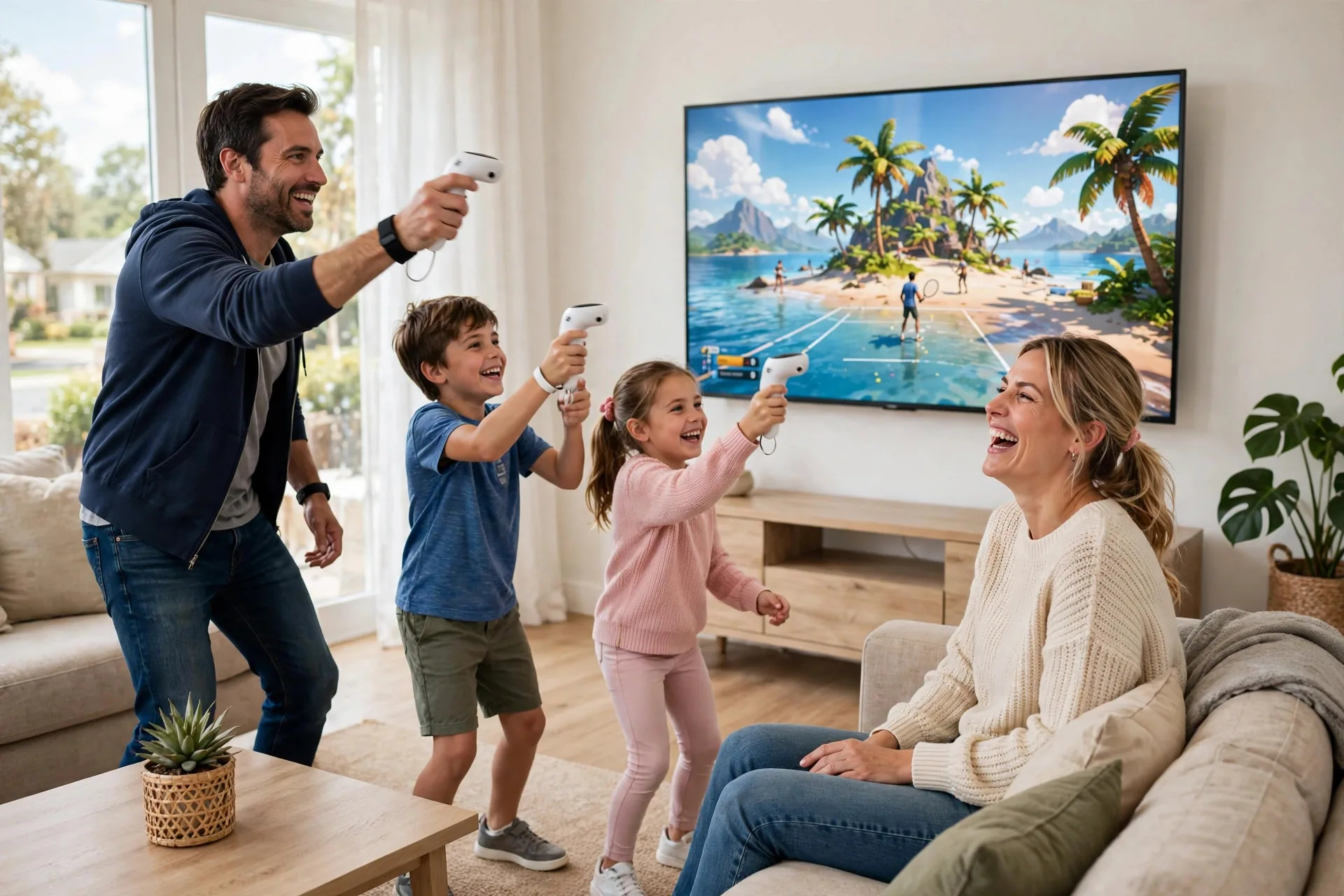 Padre e hijos jugando con mandos de movimiento a un juego deportivo en el salón