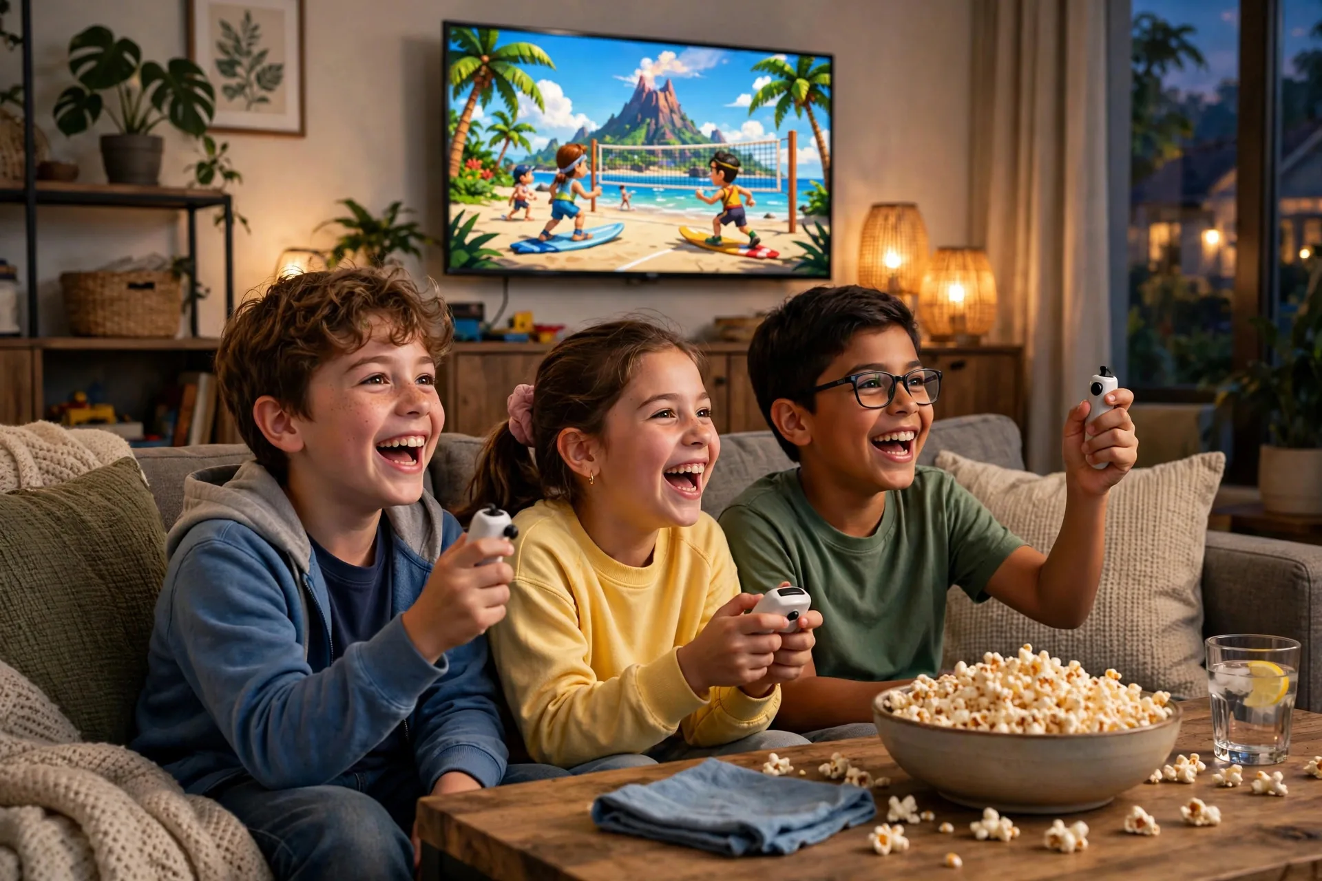 Tres niños en un sofá jugando y animándose con un videojuego deportivo