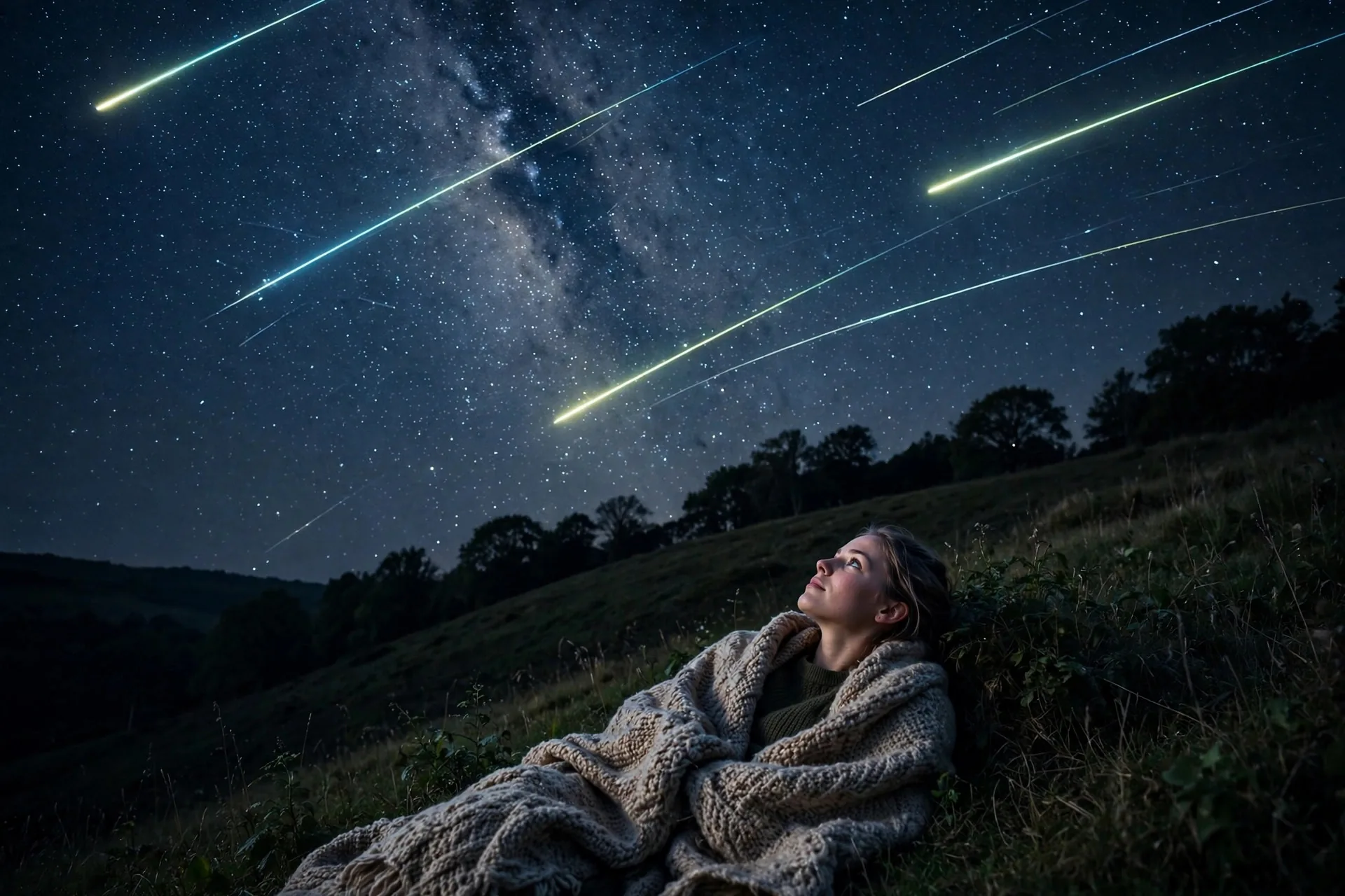 Joven envuelta en una manta mirando meteoros de las Oriónidas en el cielo nocturno