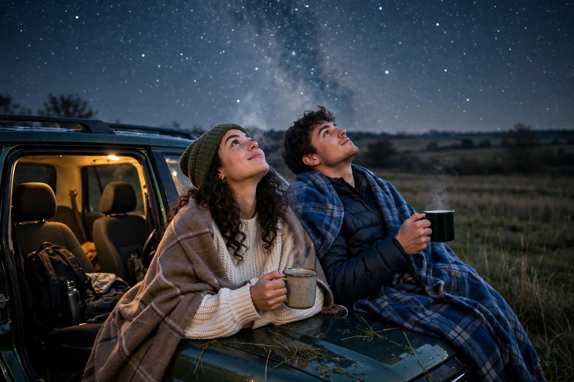Dos amigos con mantas y bebidas calientes mirando el cielo estrellado